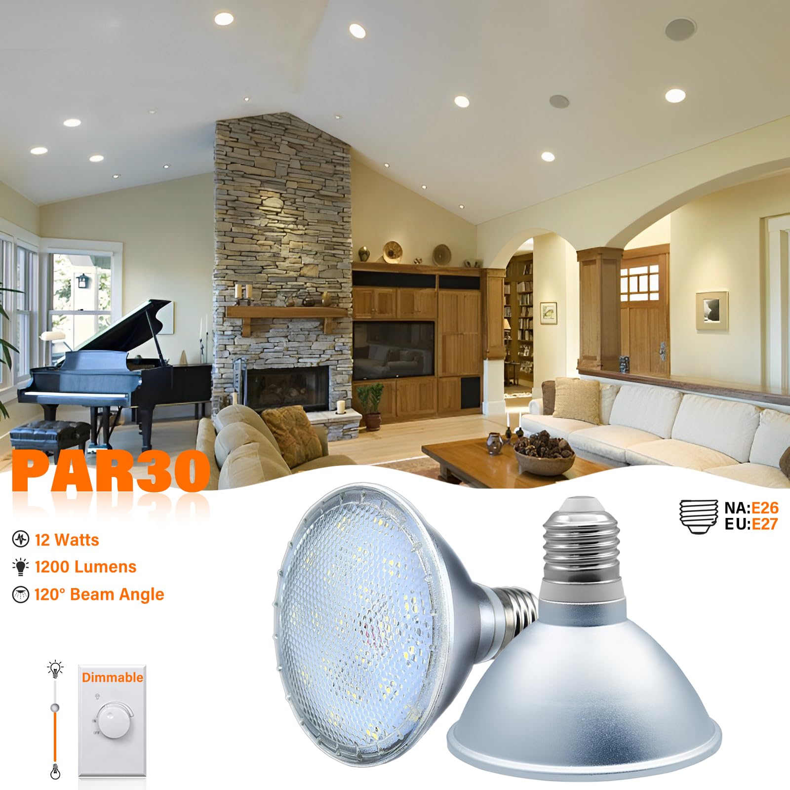 Bombillas LED PAR30 de 12 W, bombilla regulable de 1200 lm, ajuste de brillo del 10% al 100%, base E26/E27, bombilla LED de cuello corto Par30 (8 piezas)