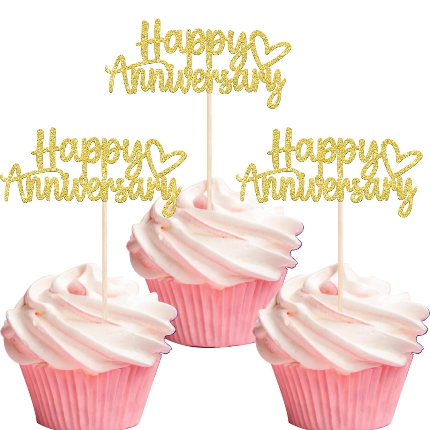 24 Pack Happy Anniversary Cupcake Toppers Glitter Wedding Anniversary Cupcake Picks Baby Shower Birthday Wedding Party Cake Decorations Supplies Gold