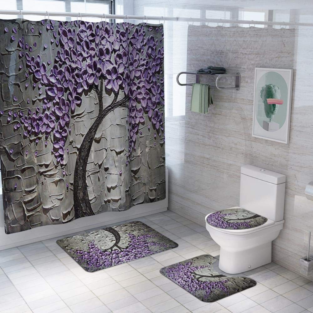 Set di 4 tende da doccia in legno giallo con farfalle e margherite con tappeti antiscivolo, copriwater e tappetino da bagno, durevole e impermeabile