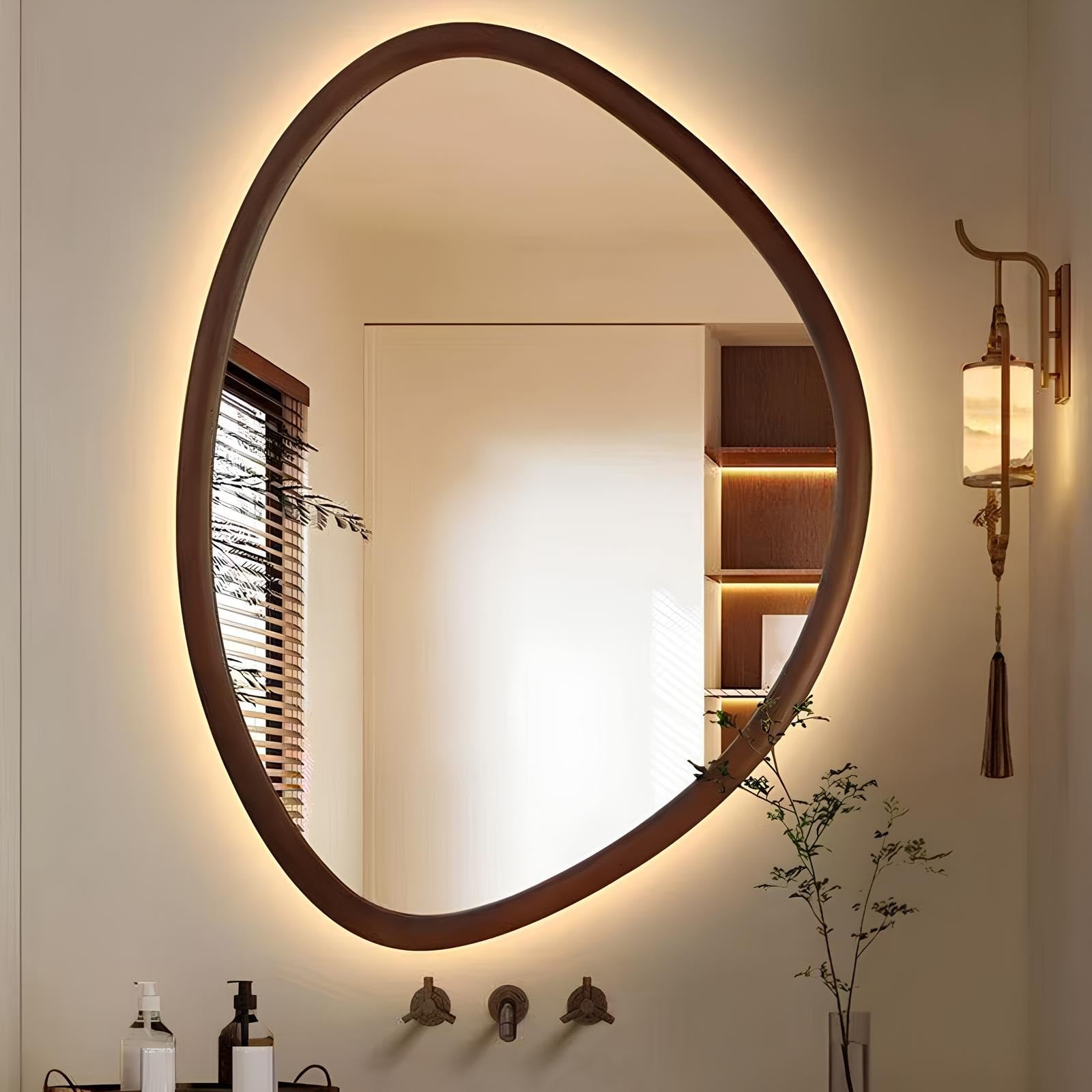 FGXHHS Irregular LED with Light 50x70cm/60x80cm Wooden Frame Lighted Lights, Illuminated Wall Mounted Vanity Mirror, Anti-fog, 3 Colors Dimmable Light(Walnut,50x70cm)