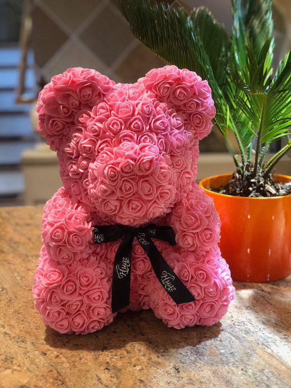 Rose Flower Bear - Large 16 inch Fully Assembled Hugz Teddy Bear - Over 200 Artificial Flowers - Gift for Mothers Day, Valentines Day, Anniversary & Bridal Showers - w/Clear Gift Box (Pink, Large)