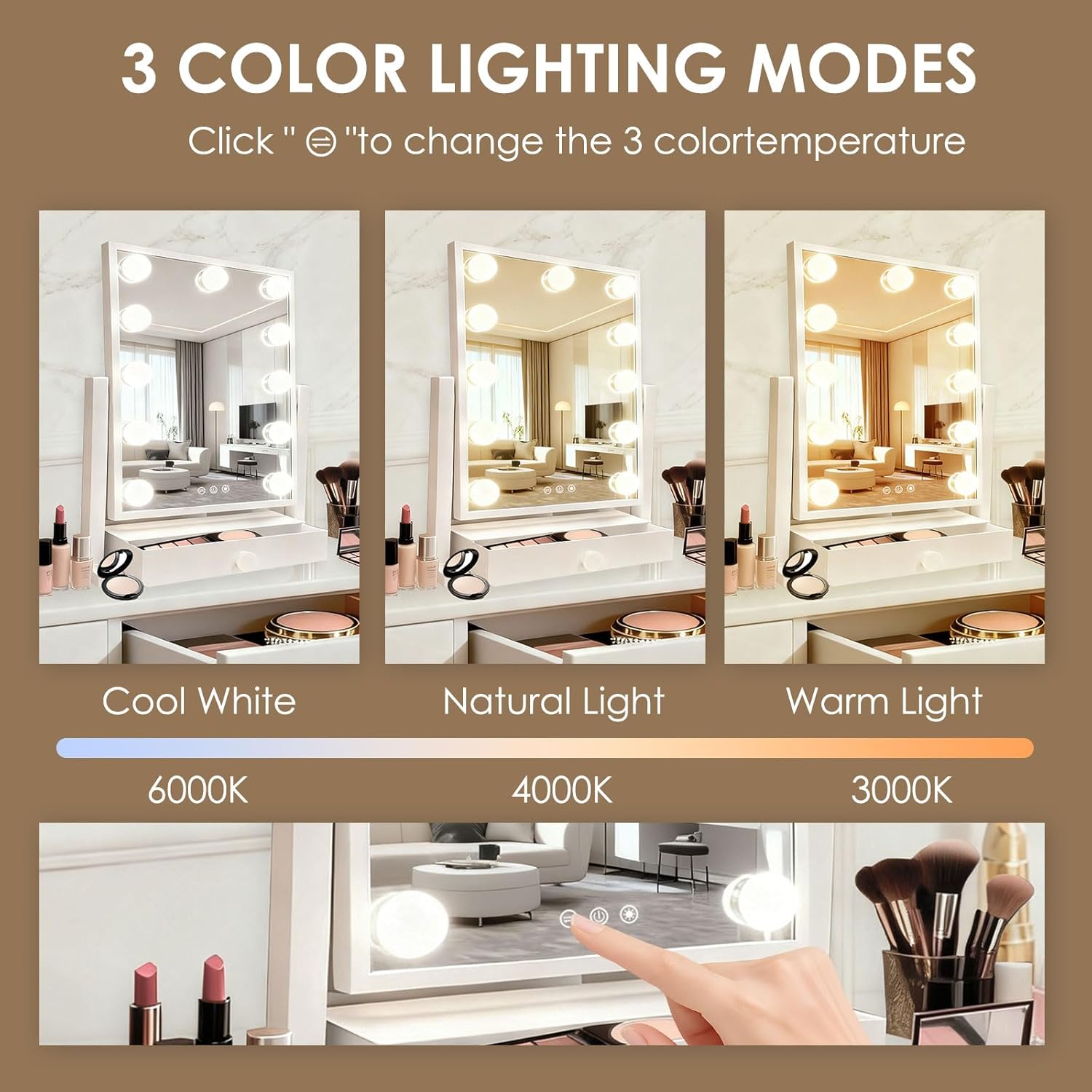 Vanity Mirror with Lights, Vanity Makeup Mirror with 9 Dimmable LED Bulbs, 3 Color Lighting Modes, Detachable 5X Magnification, LED Vanity Mirror with Drawer, Smart Touch Control,White