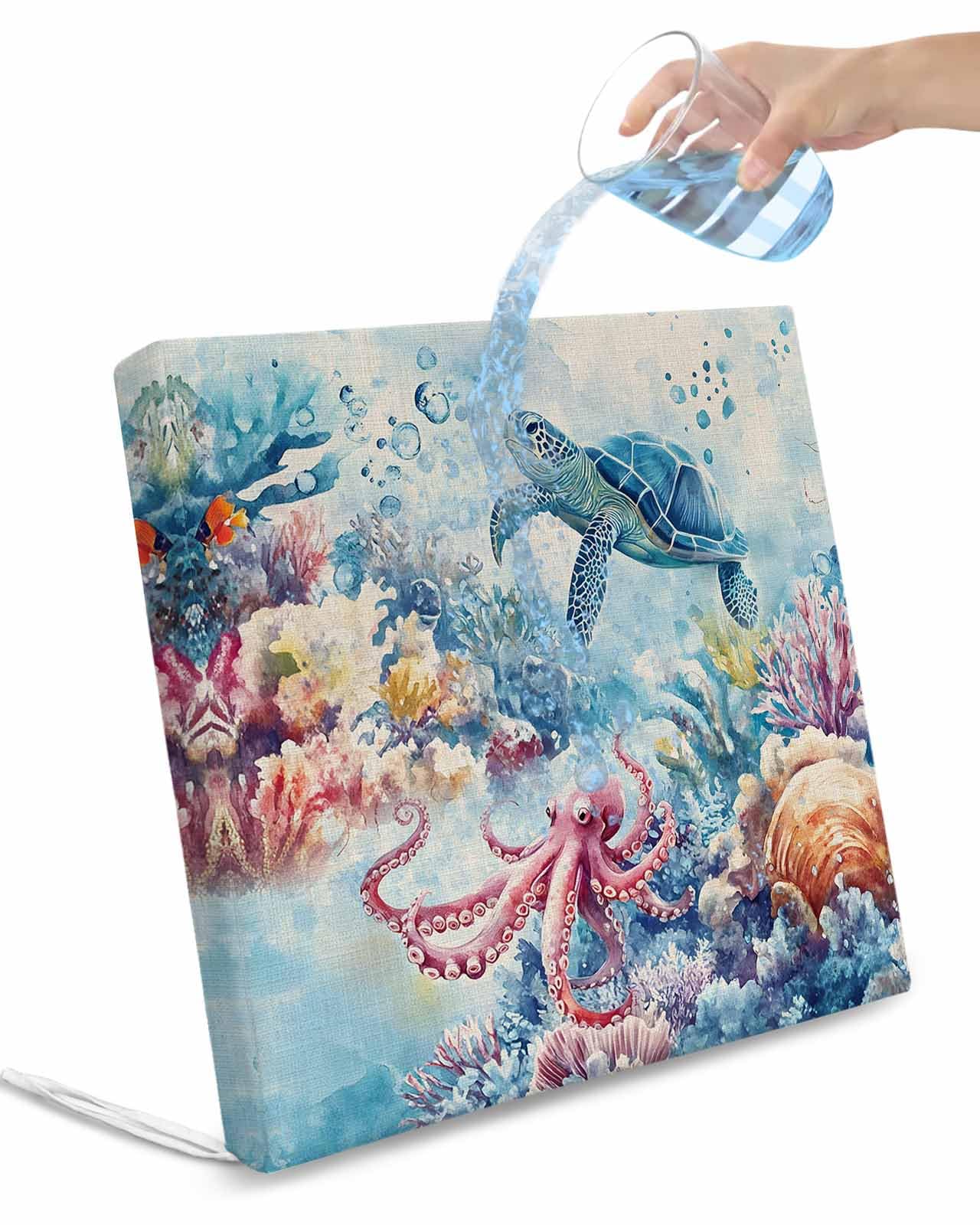 2 Pack Sea Turtle Octopus Waterproof Cushion Covers with Ties, Outdoor Patio Chaise Lounge Chair Seat Cushion Slip Covers Replacement(Only Cover) Coastal Coral Summer Ocean Beige 20