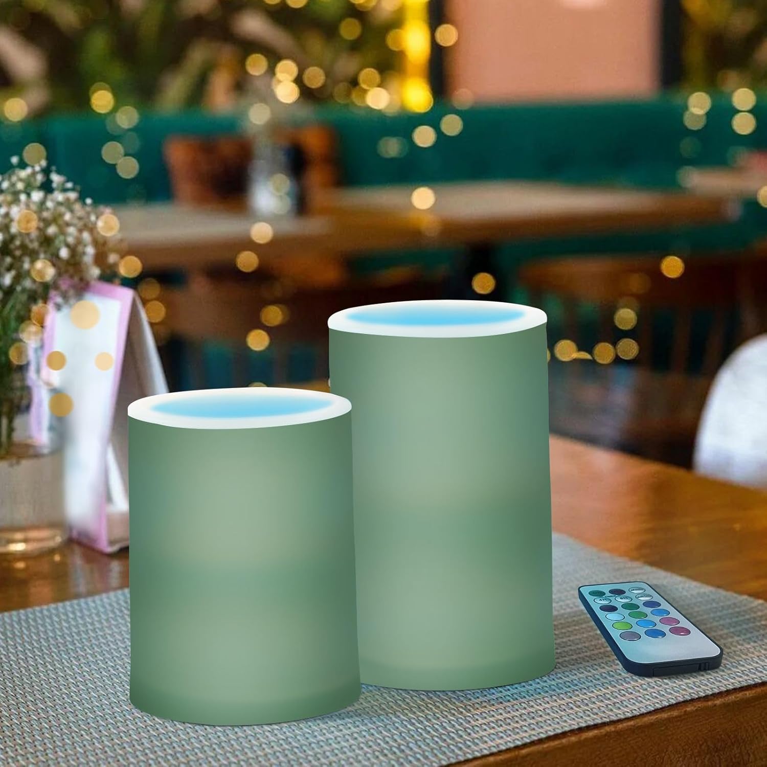 Dark Green Solid Color Flameless Candles with Remote and Timer, LED Battery Operated Pillar Candles 2 Pack for Holiday, Wedding, Party, Home Decor