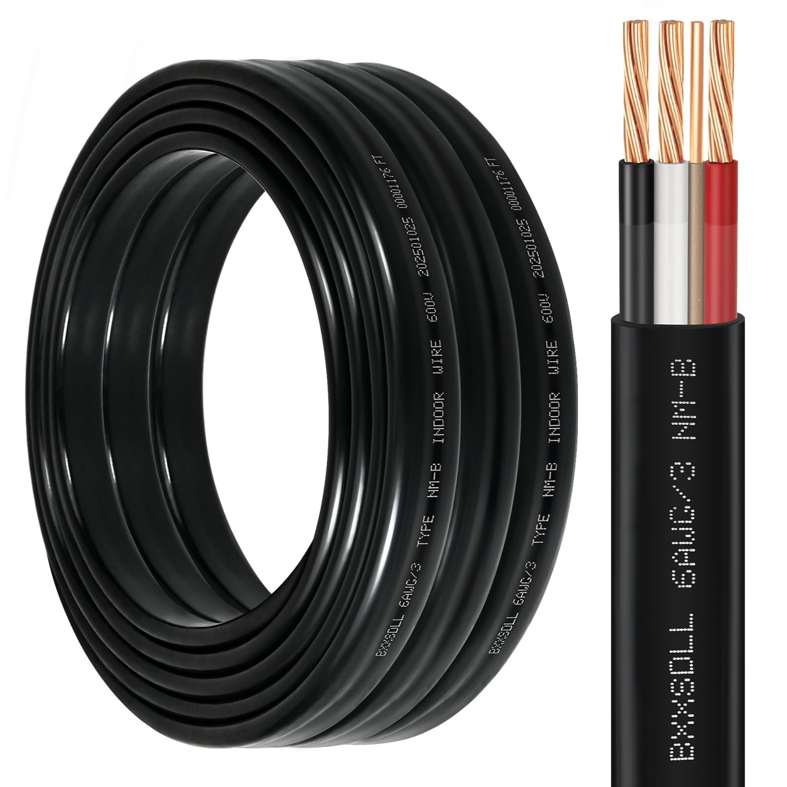 25 FT 6/3 NM-B Wire with Ground -6 AWG 3 Conductor Non-Metallic Sheathed Cable, 100% Pure Copper Electrical Wire for Outlets, Switches, Lighting,