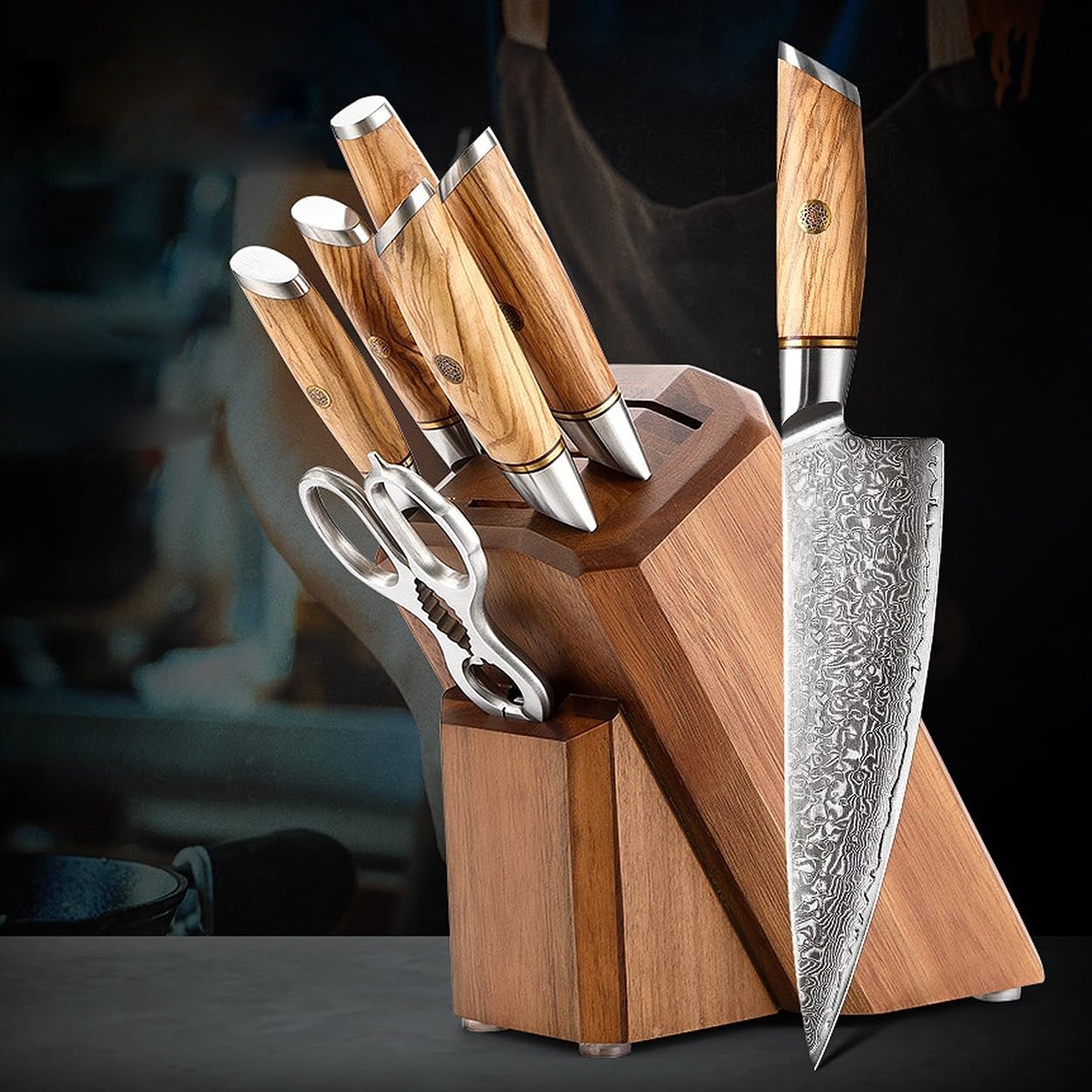 Kitchen Knife Sets, 8PCS Knife Holder Set With Sharpener Kitchen Scissors Power Damascus Steel Cooking Tools Olive Wood Handle