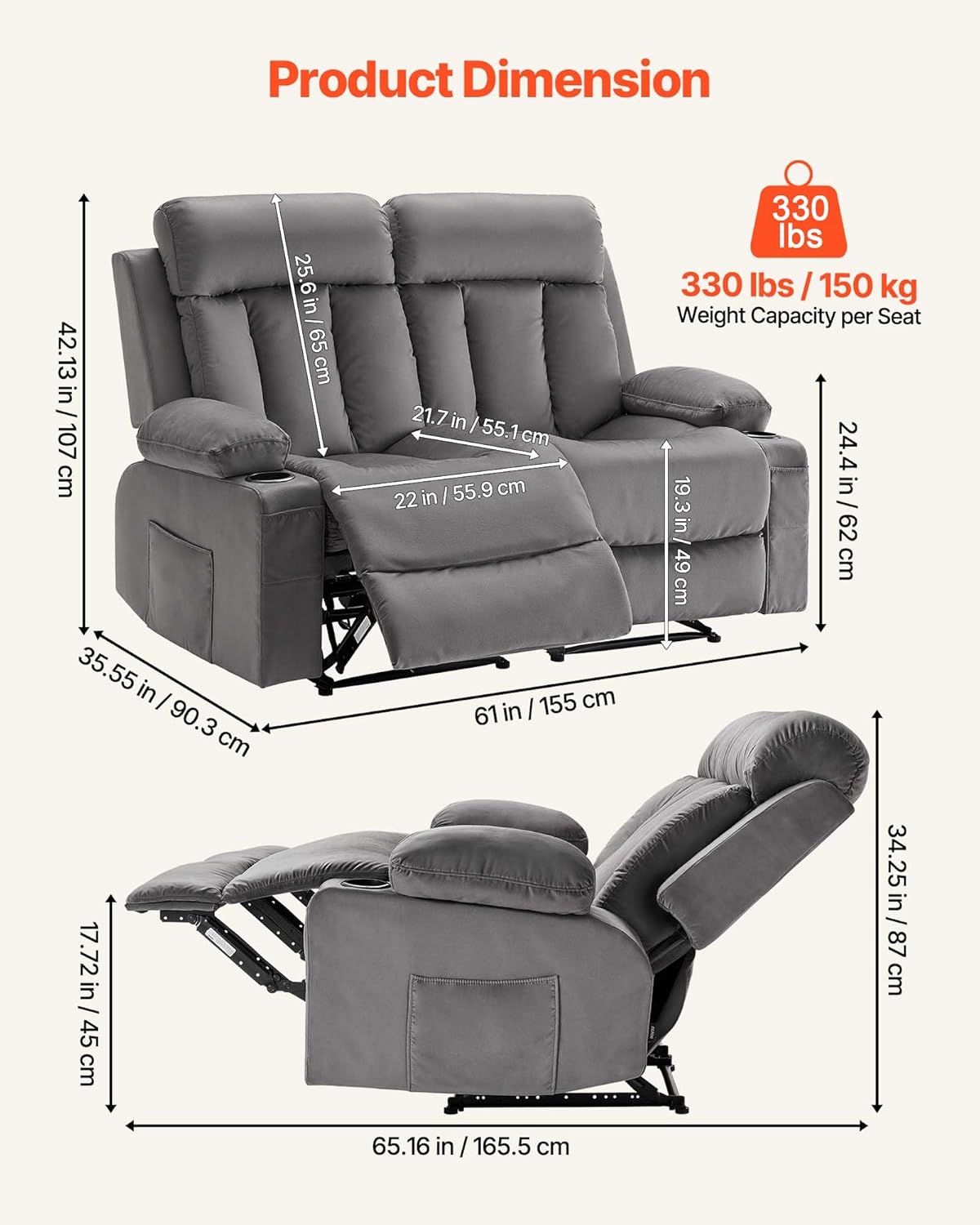 VEVOR Loveseat Recliner Sofa, Power Reclining Couch with Heating and Massage, Soft Velvet Electric Recliner Sofa with USB Ports, Cup Holders and Side Bags, Dual Loveseat Chair for Living Room, Grey