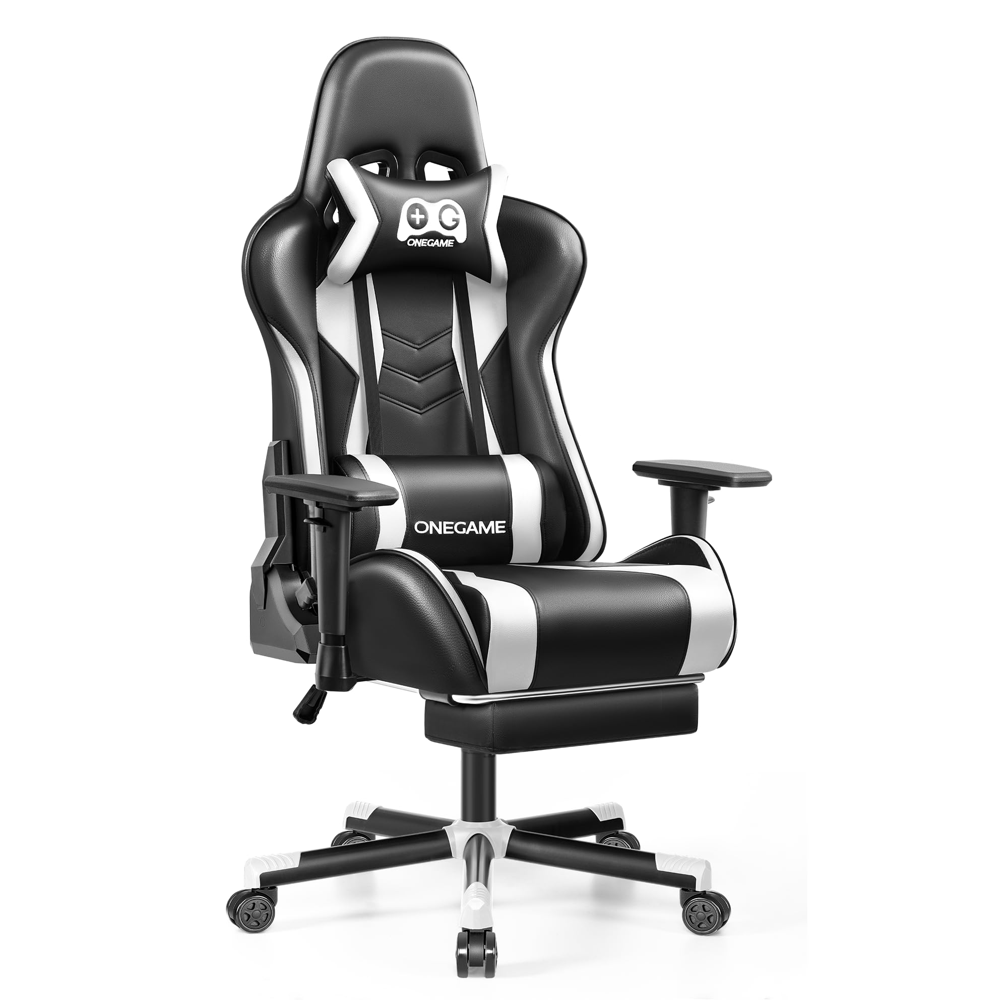 OneGame Sedia Gaming con Poggiapiedi, 3D Braccioli Sedia Gamer grande alta, Ergonomica Regolabili in pelle PU, PC videogiochi Ufficio, 150-200KG, Bianco