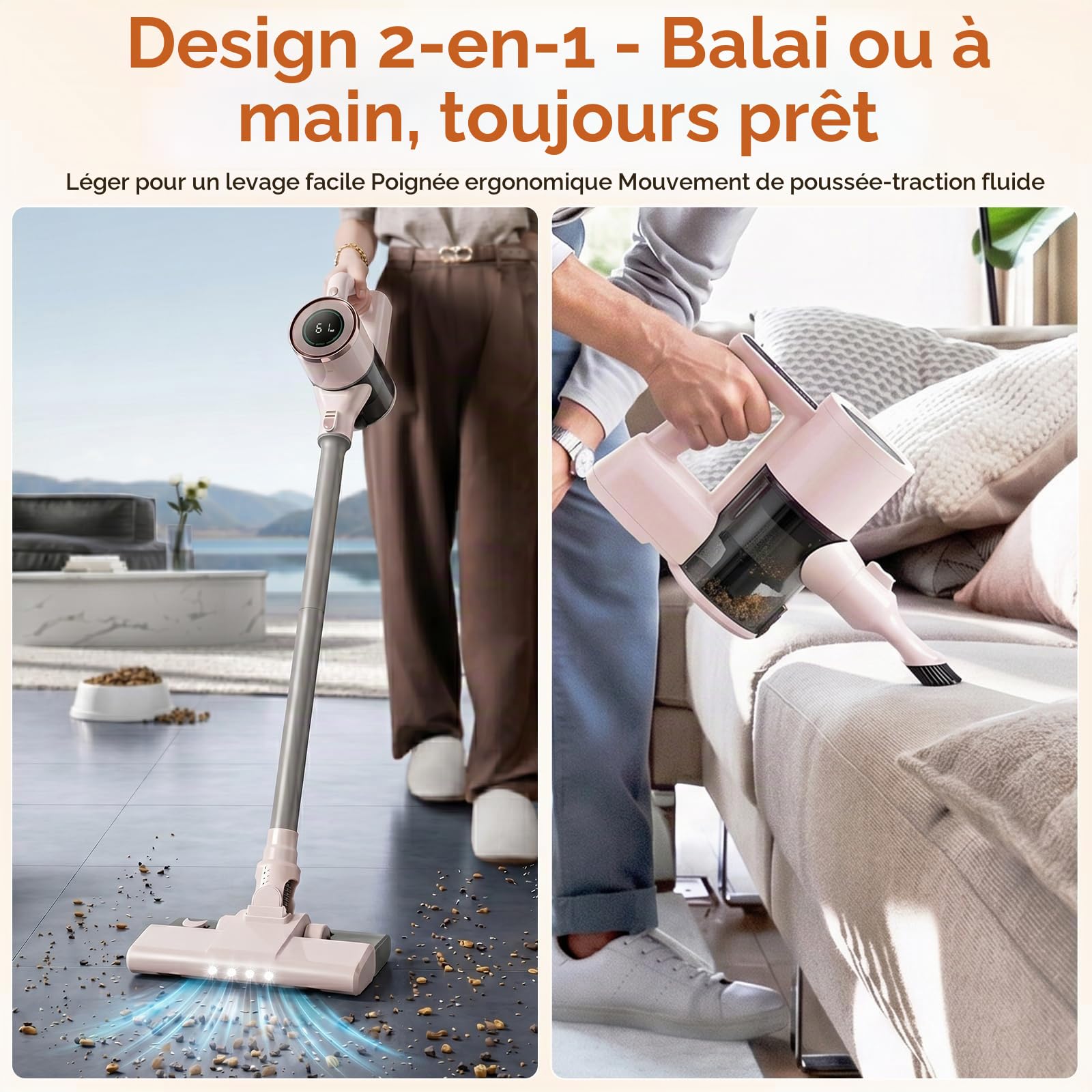 Aspirateur Balai sans Fil avec Fonction Serpillère, 2-en-1 Aspirateur Balai et Serpillère, Puissant 8000Pa, Autonomie 30 Min, Léger et Portatif pour Sols Durs, Tapis et Poils d'animaux