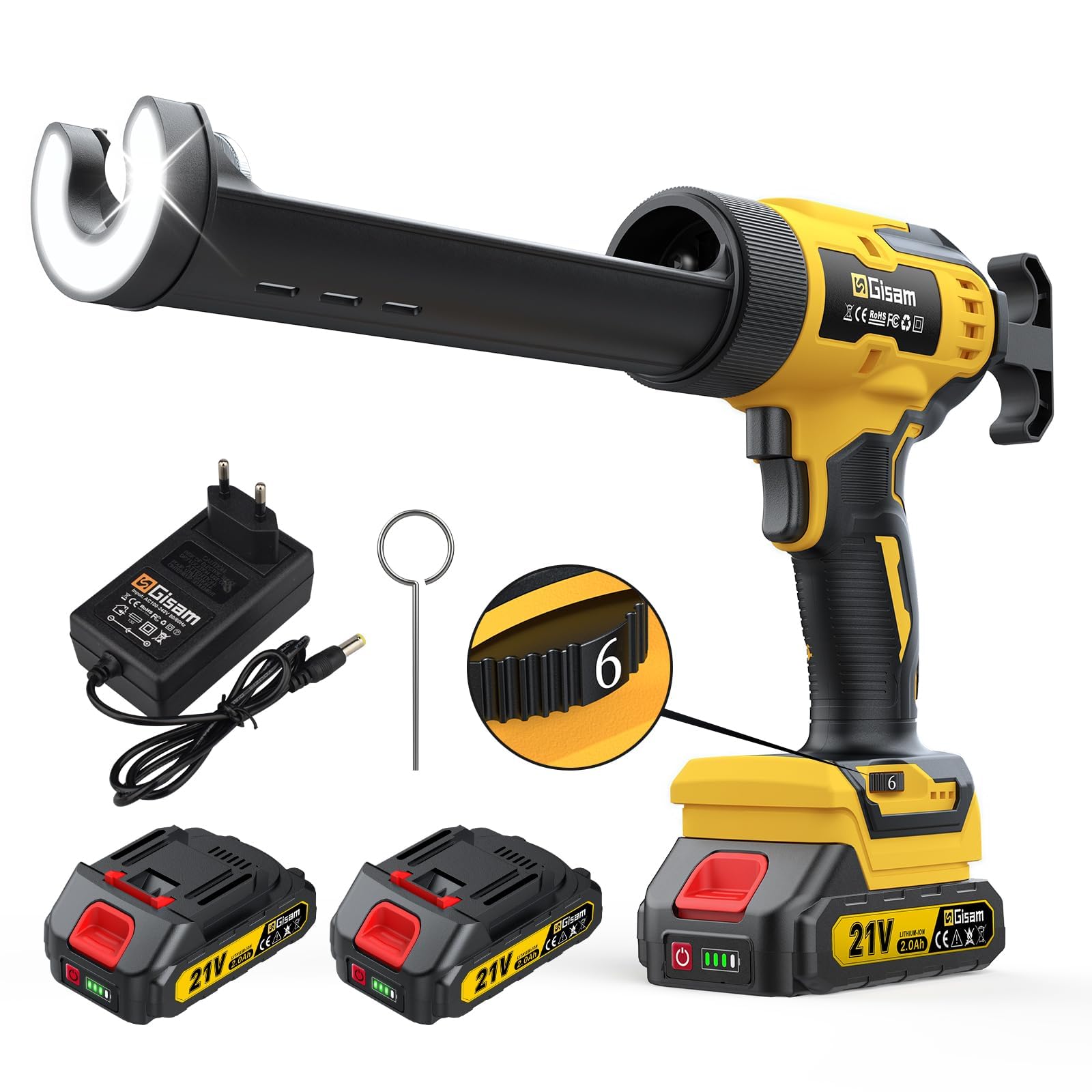 Pistola de calafateo eléctrica, 150-310 ml, Equipado con 2*baterías de 2,0 Ah, luz LED, 6velocidades ajustables, PortáTil Cemento Pistola De EléCtrica