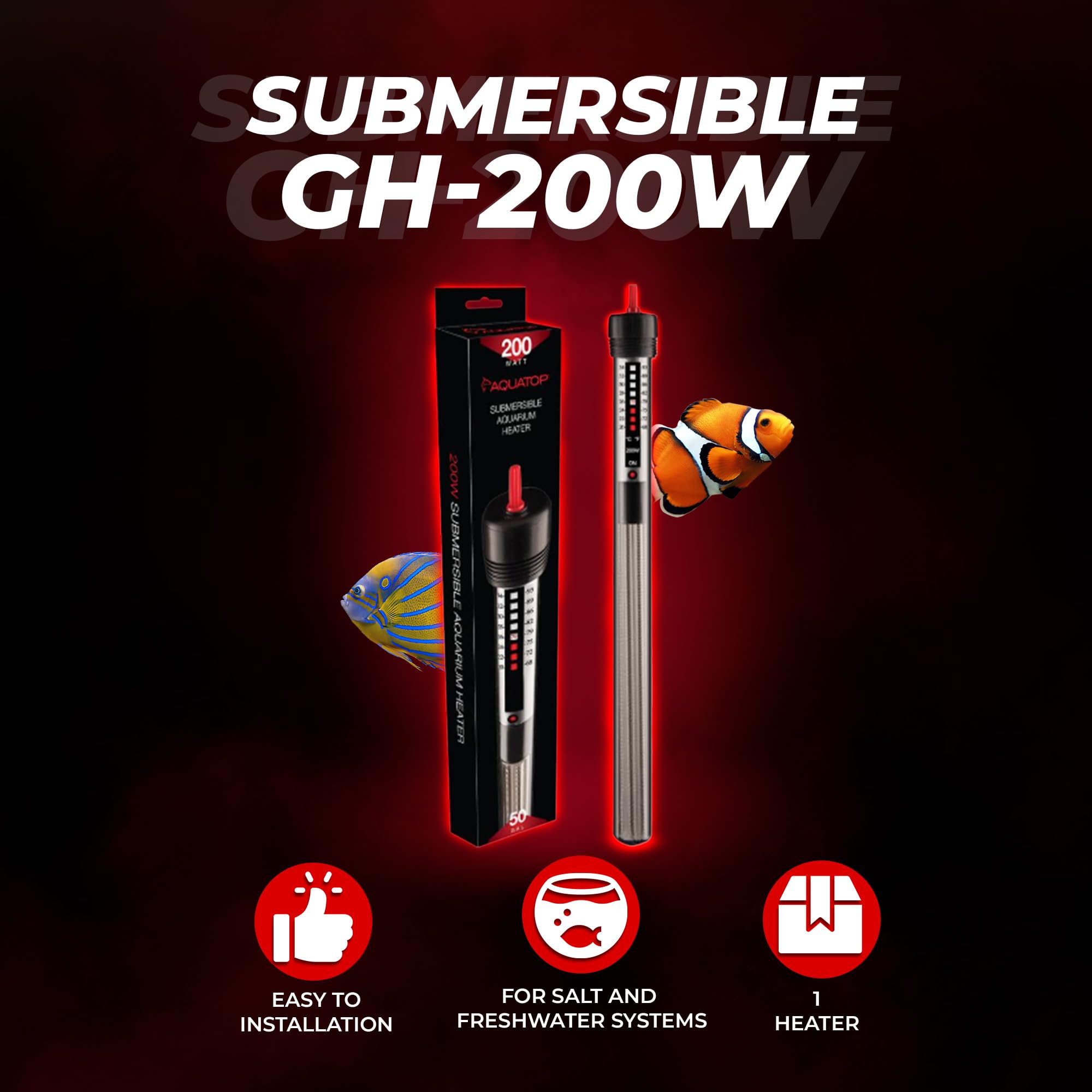Aquatop Chauffage en Verre Submersible pour Aquarium de 200 W – Entièrement Submersible pour Aquariums jusqu'à 50 gallons, Plage de température réglable de 200 à 93 °C, Utilisation en Eau Douce et