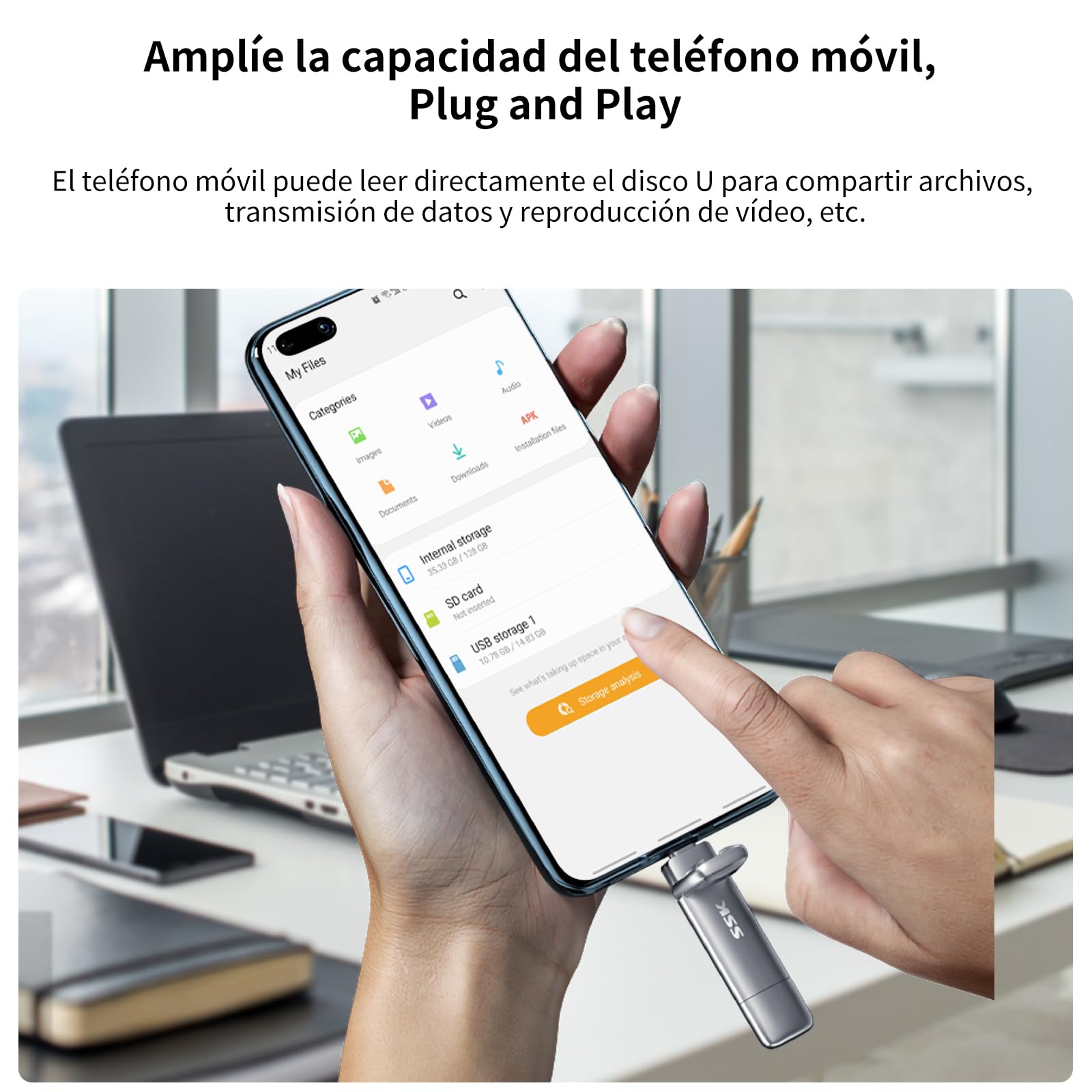 SSK SSD Externo portátil de 256GB hasta 1000 MB/s de Lectura, Unidad de Estado sólido Doble USB 3.2 Gen 2, Adaptador USB A + Tipo C 2 en 1 para iPhone 15/PS4/Android Phone/Tablet/Windows/Mac