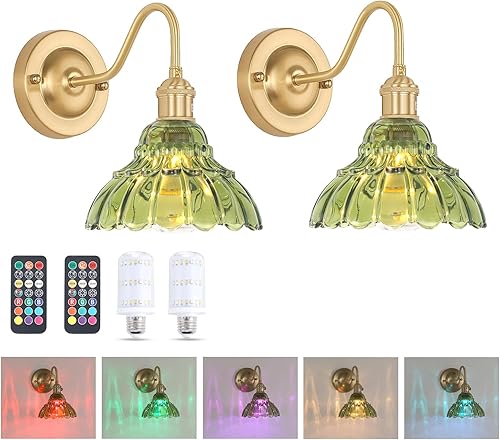 Miniatura 26 de Juego de 2 apliques de pared a pilas, luces de pared recargables vintage con pantalla de vidrio de lirio ámbar, lámpara de pared inalámbrica para
