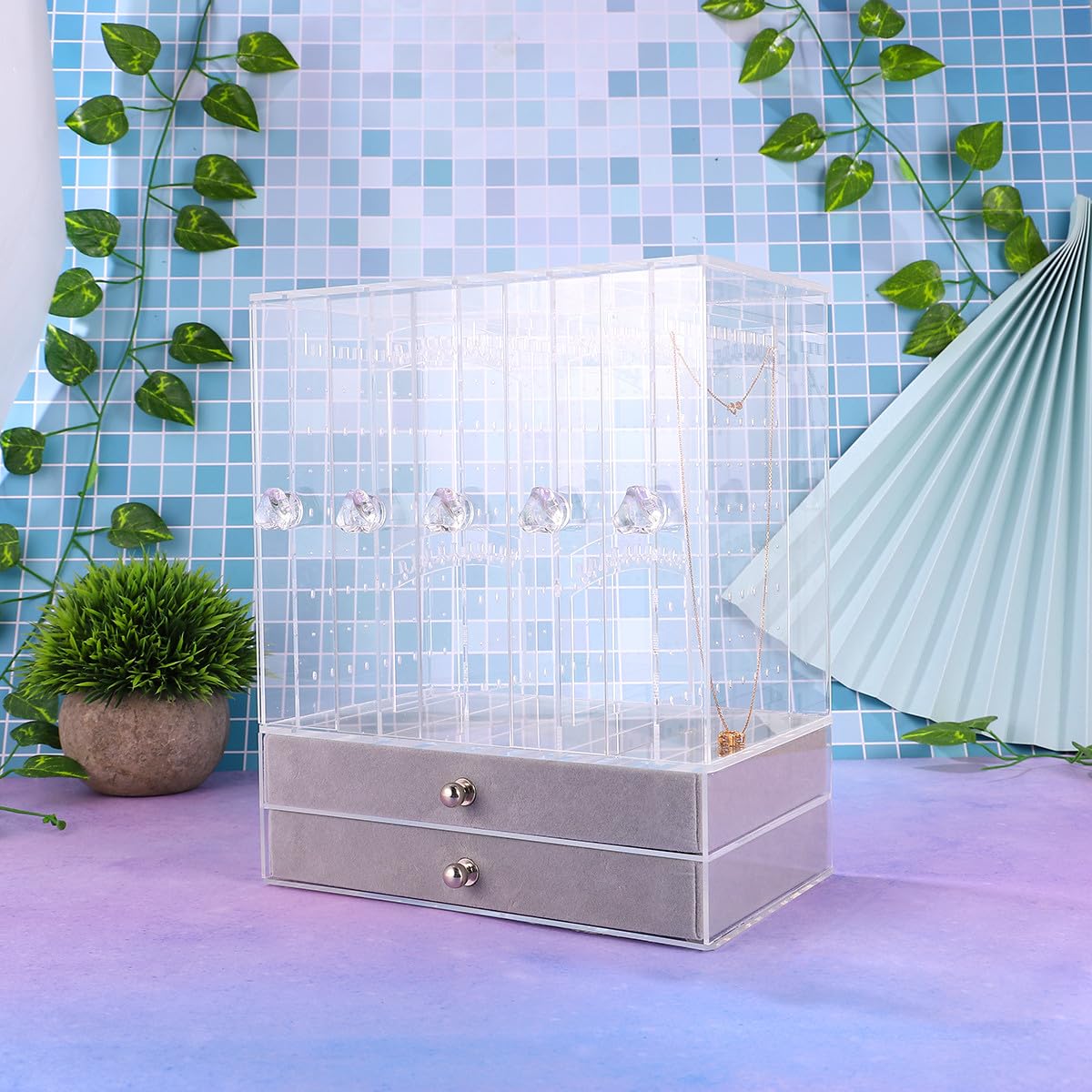 UPKOCH 1pieza Joyero Acrílico Transparente con Puertas y Soporte Organizador para Anillos y Collares Caja Almacenamiento Joyas Escritorio para Hogar y Tienda