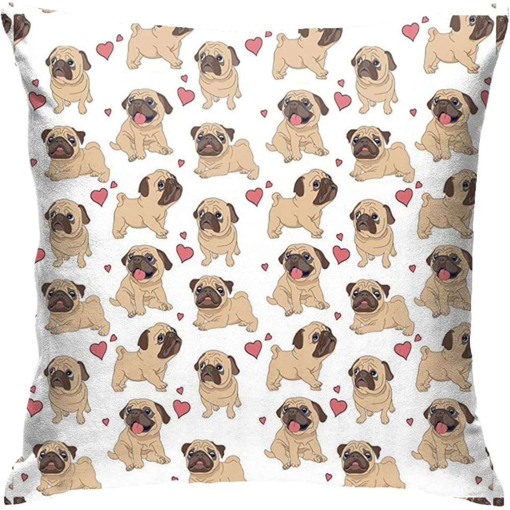 HUYGD Throw Cushion Cover 45X45cm Pug Cute Heart Dog Cartoon Cushion Cover Decoration Pillowcases Indoor Throw Pillow Cover For Sisters, Coworker, Home Decor