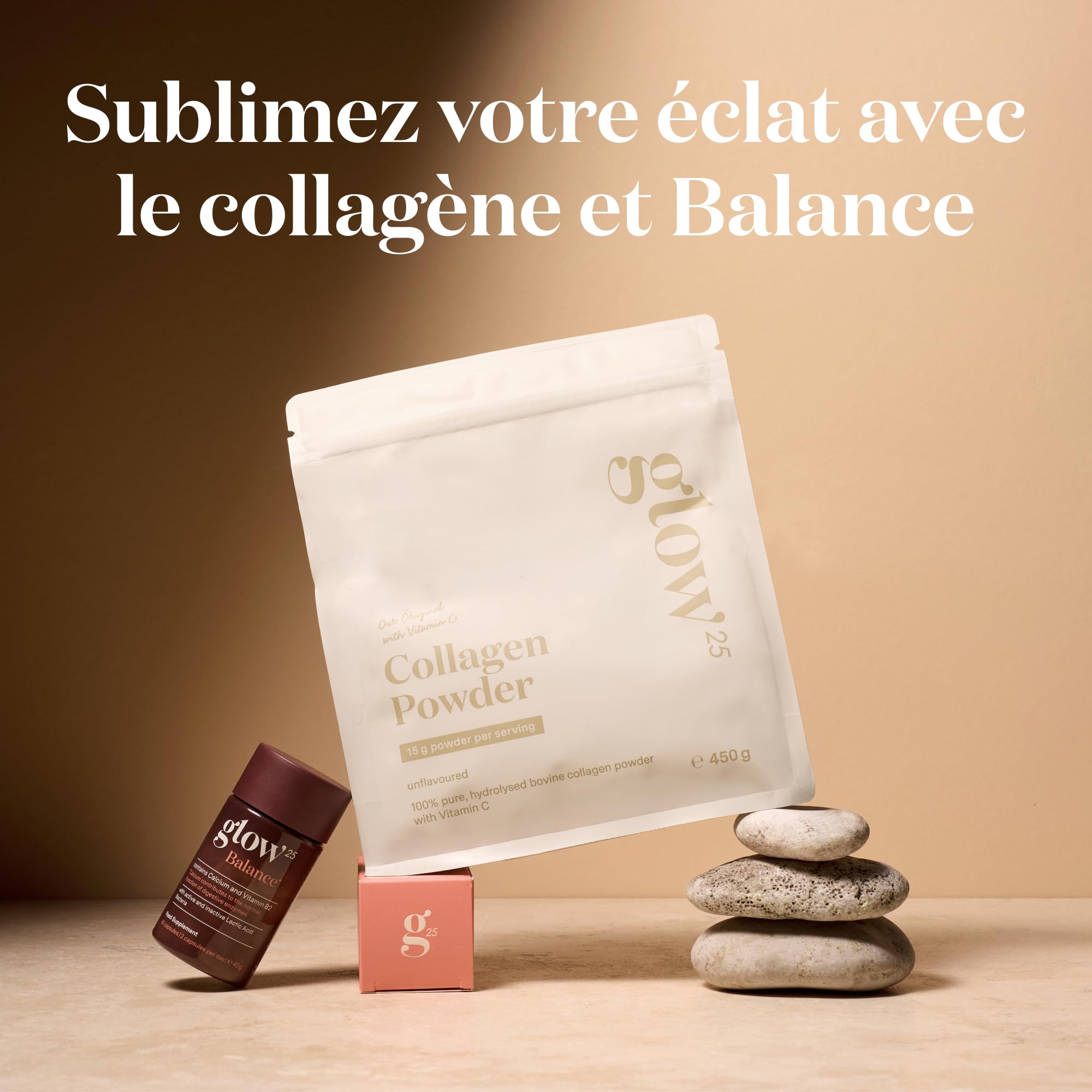 Glow25® Duo Balance & Collagène en poudre [Notre produit original] – Balance avec ferments lactiques, inuline, calcium & vitamine B2 + Hydrolysat de collagène avec vit