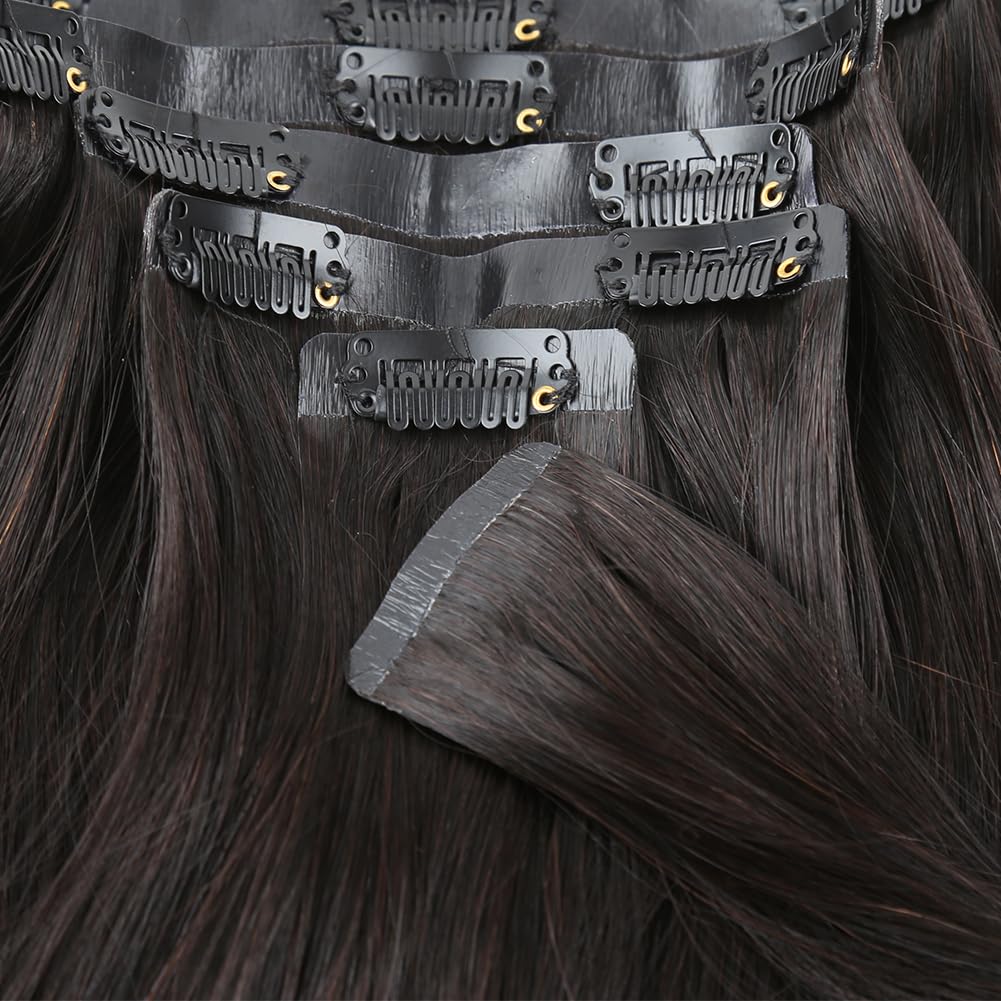 Bella Hair Seamless Clip in Hair Extensions, Full Cuticle Aligned Remy Human Hair Silky Straight, 7pcs 165g Invisible PU Weft Human Hair Extension (Natural Black 22 inch)