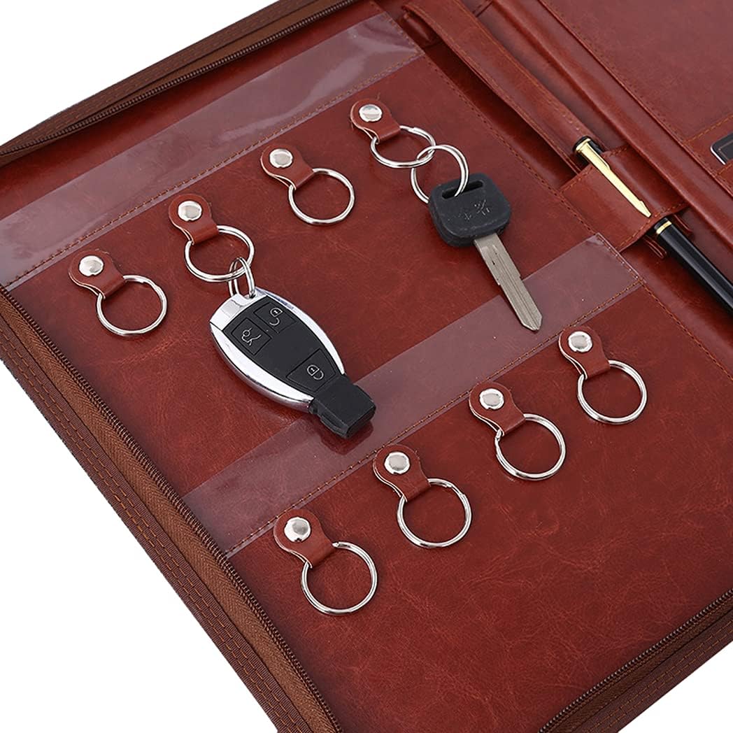 Zippered Padfolio Portfolio/PU Leather Business Card Holder with 8 Key Rings Organizer for Manager and Landlord Key Holder(Empty Portfolio)