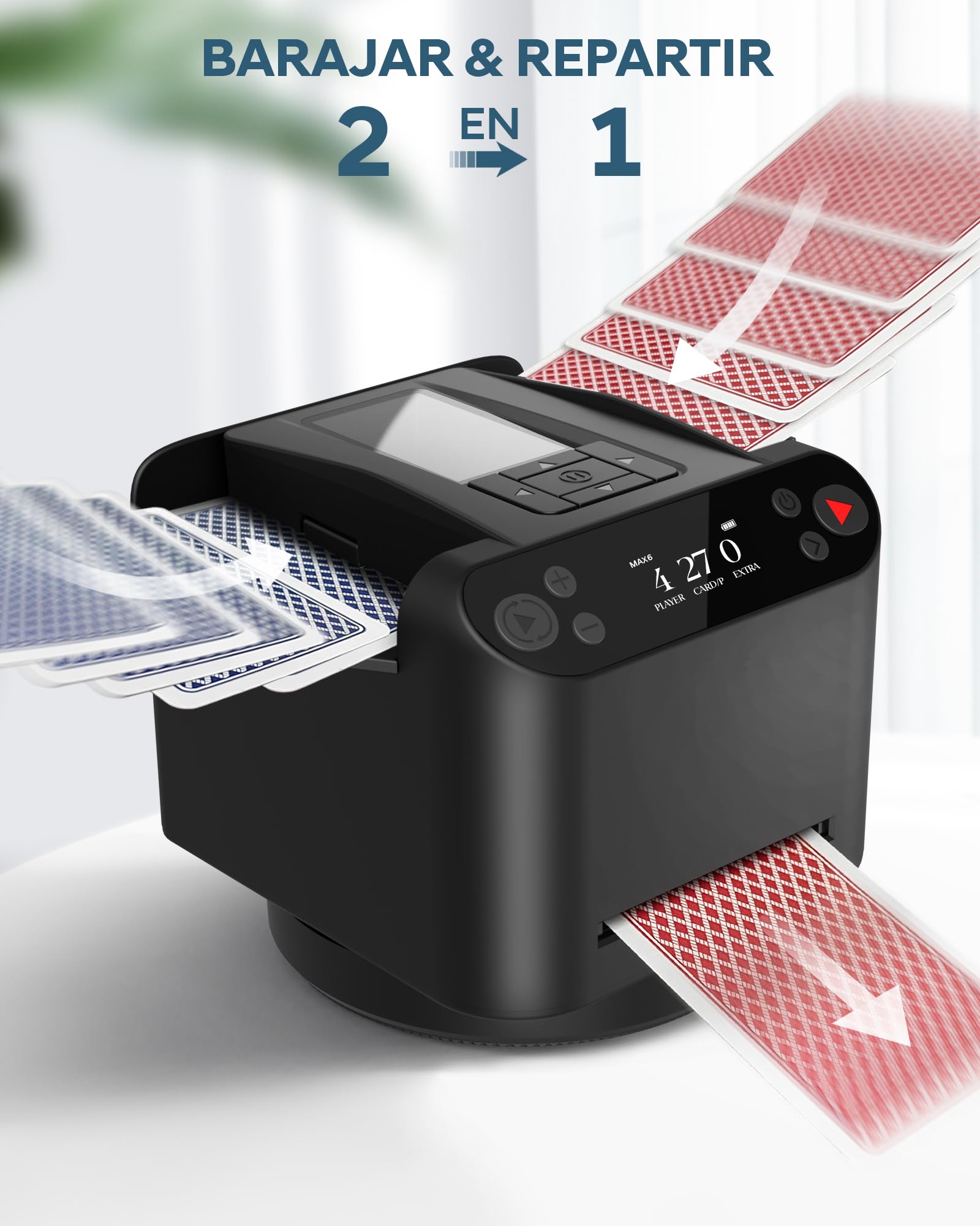Barajador y Repartidor Automático de Cartas – Giro 360° para 1–2 Barajas, 2–12 Jugadores con 4 Mandos a Distancia | Modos de Juego Integrados, Recargable y Silencioso para Poker, UNO (Negro)