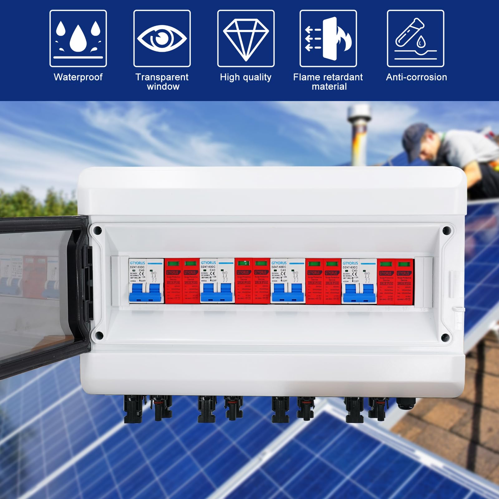 Solarna skrzynka przyłączeniowa fotowoltaiczna, IP65, przepięć prądu stałego, 4-żyłowa, 500 V, PV DC, wyłącznik z wtyczką solarną (4 w 4 wyjścia, 40 A)