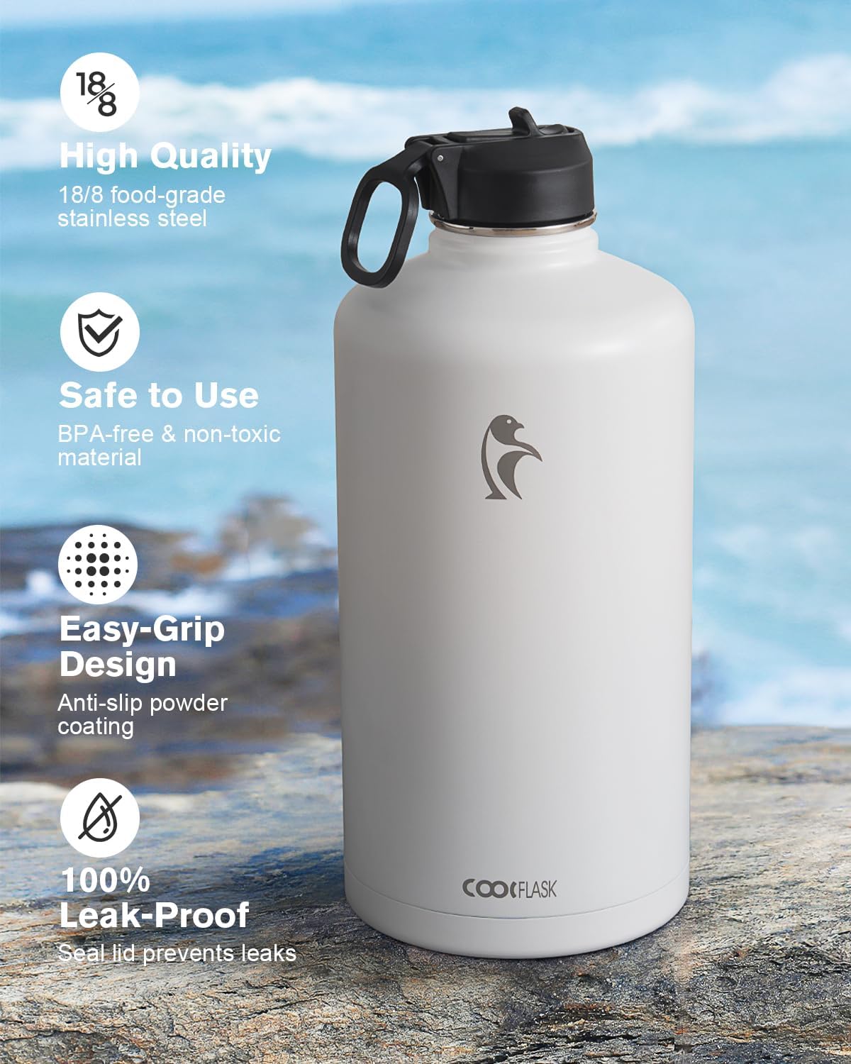 Coolflask Borraccia termica da 3,6 litri, con cannuccia e 3 coperchi, grande brocca in acciaio inox a bocca larga, per sport, palestra o ufficio, senza BPA, mantiene il freddo per 48 ore e calde per