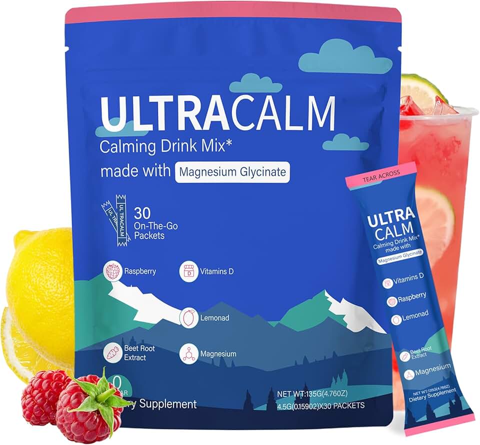 GMOOKEY UltraCalm Super Drink Packets, Raspberry Lemonade Flavor, Sugar‑Free Stress Relief &amp; Focus Support with Magnesium, Non‑GMO, Vegetarian (30 Servings)