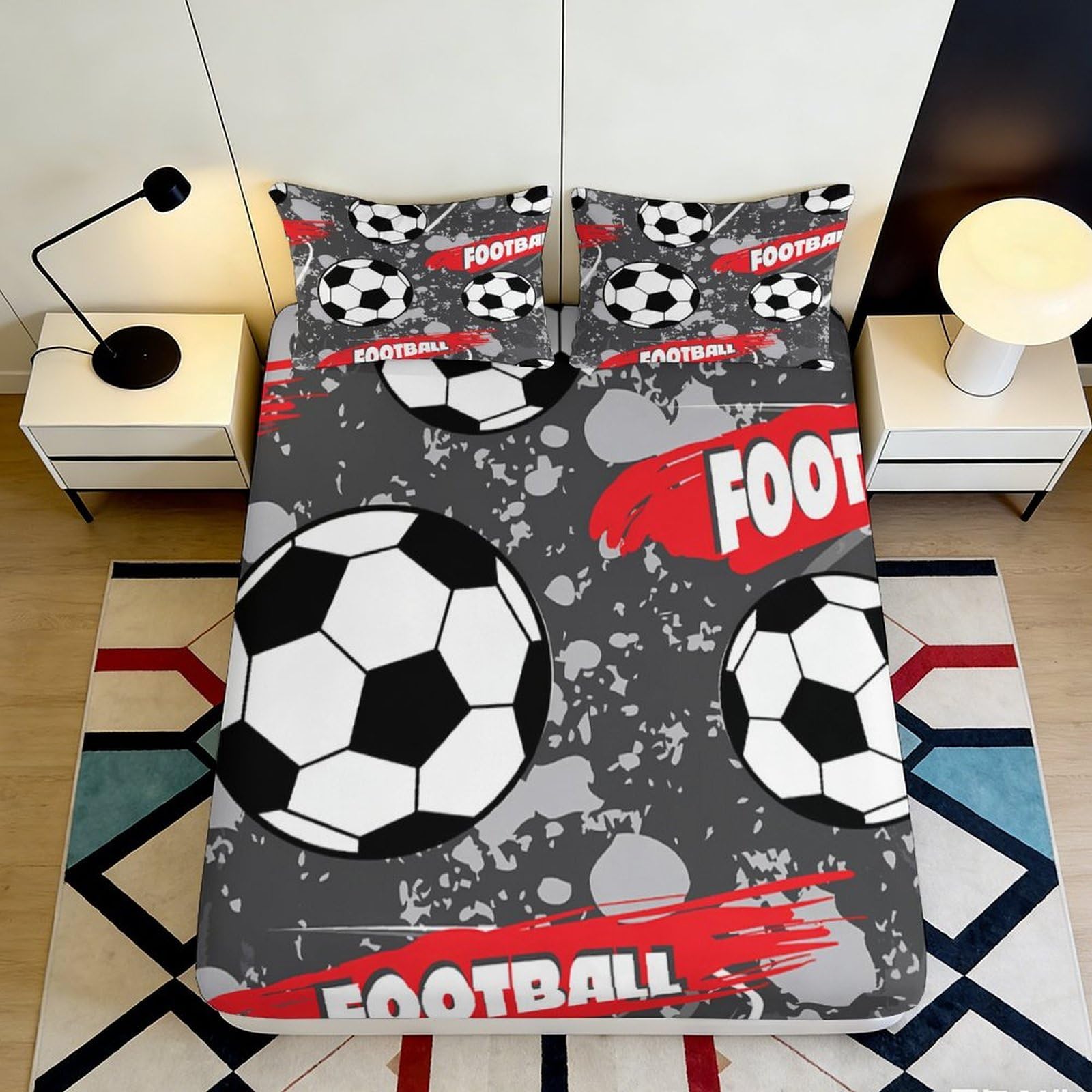 3D Printed Football Pattern Fitted Sheet Microfiber Grey Soccer Bed Cover Anti-Slip Easy Care for Bedroom Guestroom 90x200x25cm
