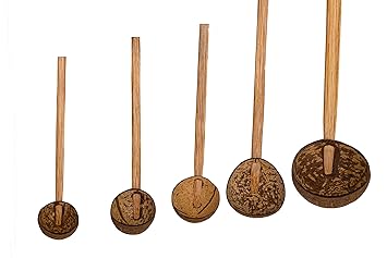 Wooden Agri Dot Coconut Shell Ladles Set of 5 Spoons (Made with Coconut Shell and Coconut Wood)