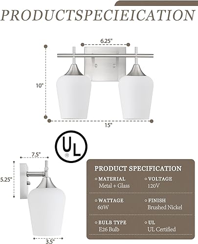 Miniatura 6 de OS-YQ9167-2BNW - Lámpara de baño de níquel cepillado de 15 pulgadas sobre espejo, lámpara moderna de pared de baño con vidrio esmerilado, 2 luces