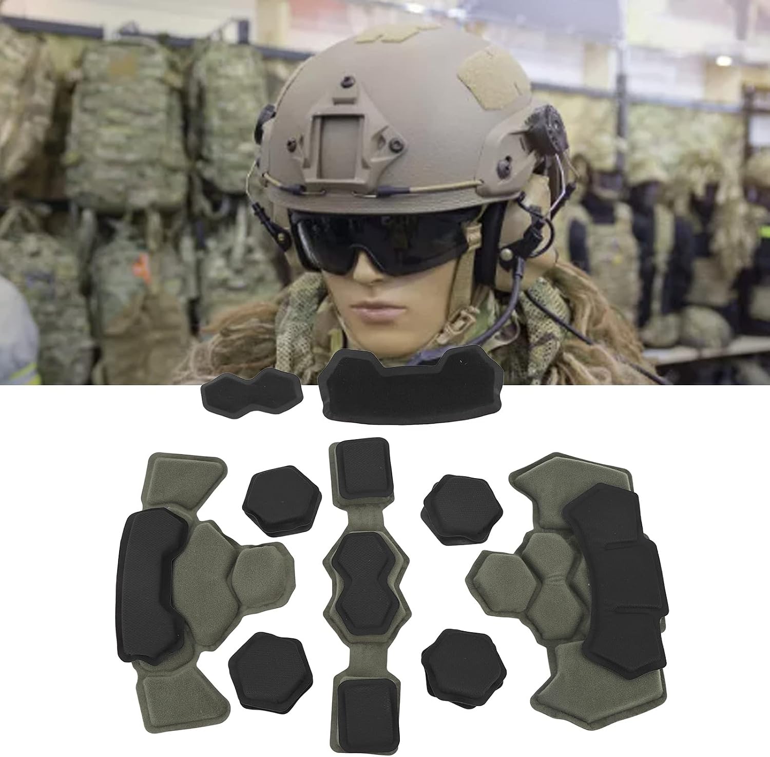 Helmet Padding Kit, Helmet Inner Padding Net Foam Pads, Motorcycle Tactical Cushion Set, Universal Replacement Foam Cushions, Army Green Foam Pad