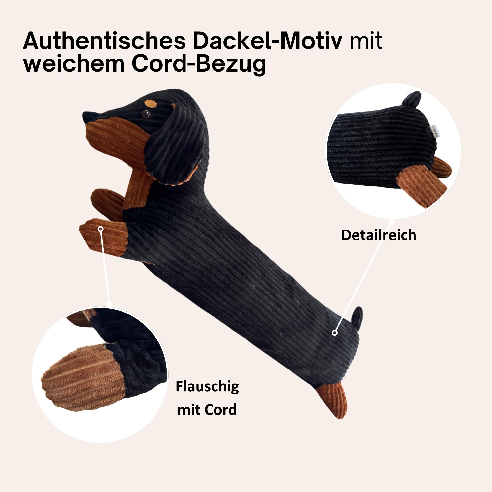 XXL Dackel Kissen 100cm Hundmotiv Seitenschläferkissen Cord-Bezug