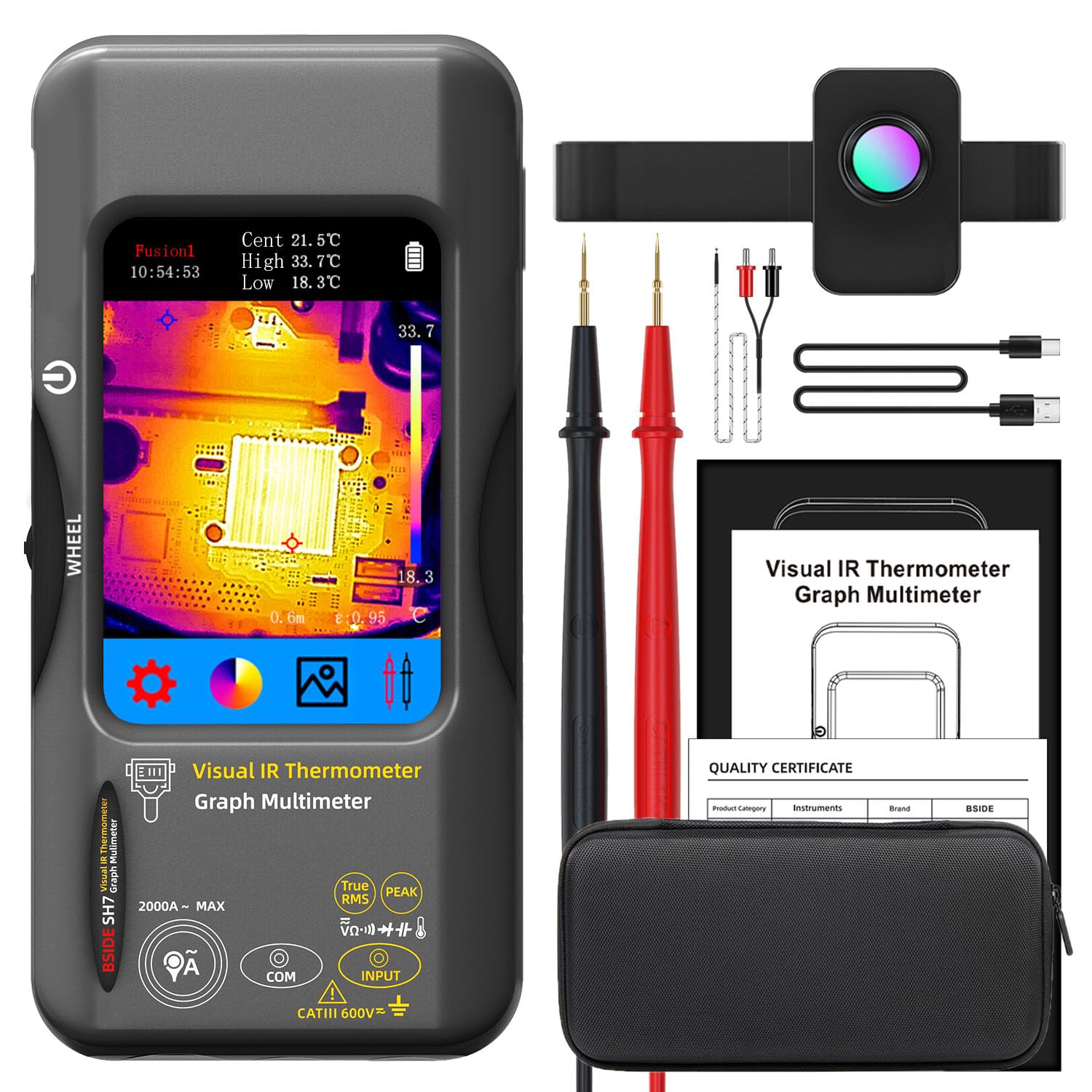 BSIDE SH7 Multimetro Termocamera con Obiettivo Macro e 3,98″ Touch Screen Camera Termica 320x320 Risoluzione IR & Multimetro digitale 20000 Conteggi TRMS per PCB Elettronica Industriale Perdite
