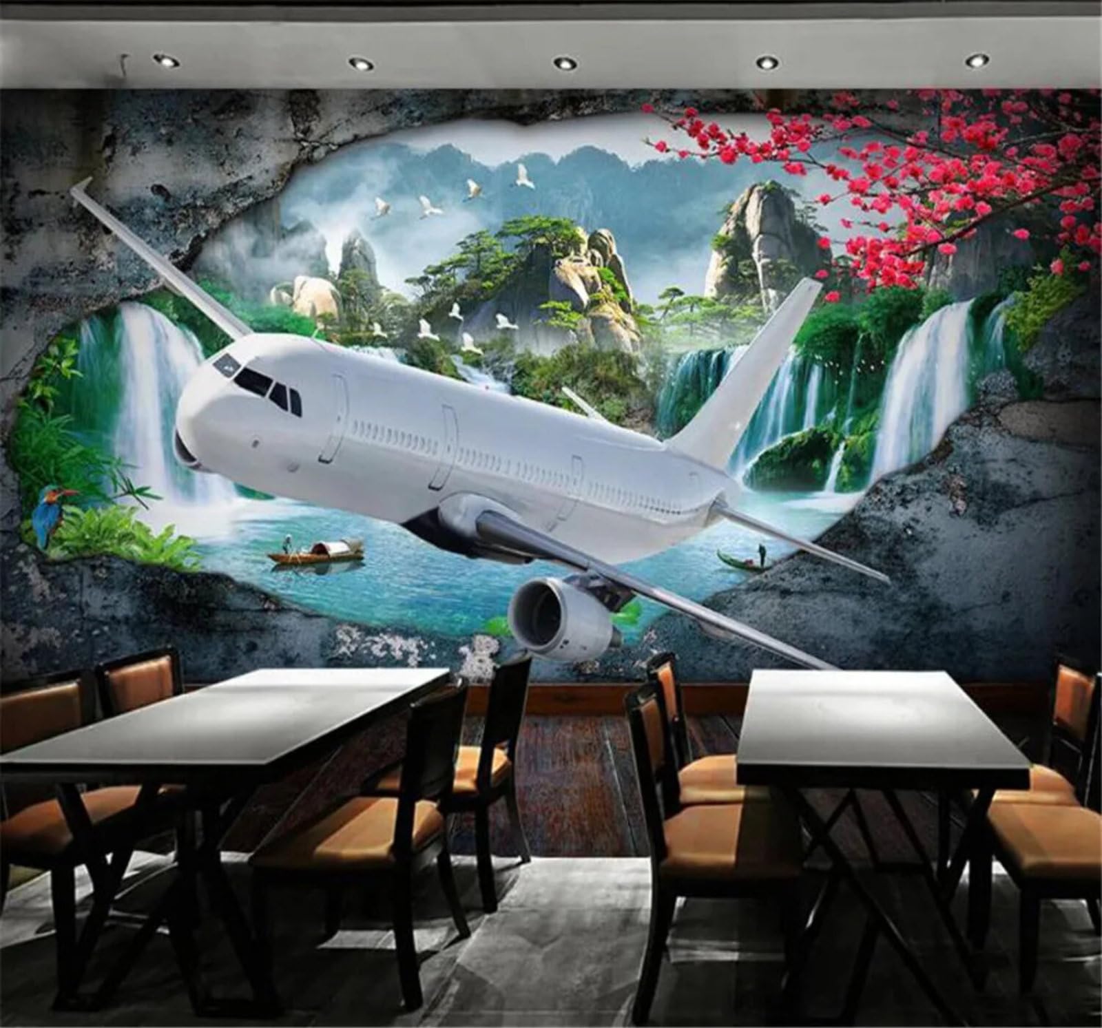 Tzxztt 350Cm×256Cm(B×H) Large Distinctive Aeroplane Three Dimensional Landscape Scenery Modern 3D Wallpaper Premium Textured Silk Neutral Tones Material Ideal For Living Room Bedroom-350Cm×256Cm
