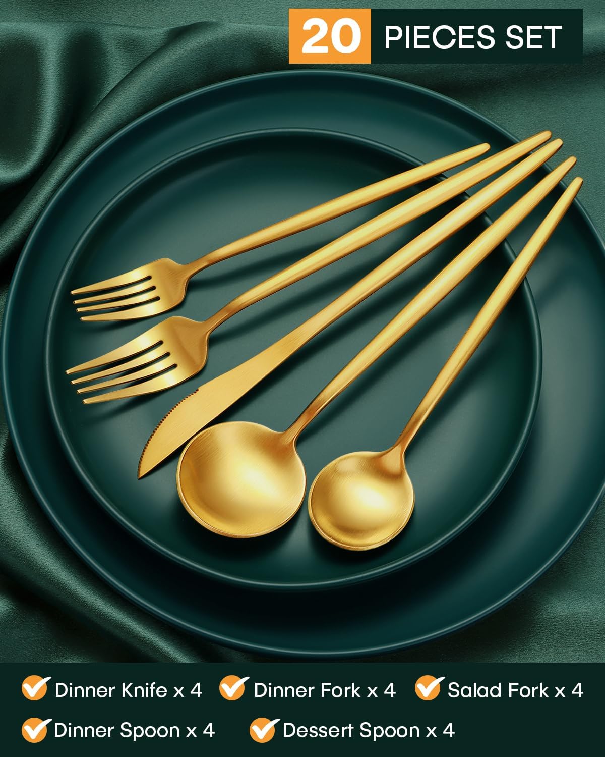 EUIRIO 20-Piece Matte Gold Silverware Set with Additional 5PCS Large Serving Utensils, Stainless Steel Forks and Spoons Flatware Set, Cutlery Utensils Set, Satin Finish & Dishwasher Safe