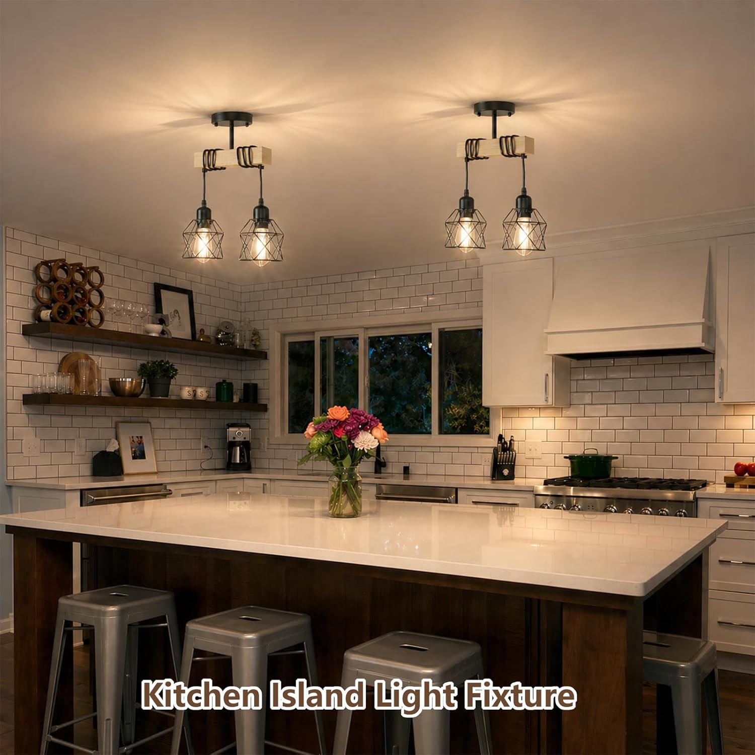2 Light Farmhouse Ceiling Light,Pendant Light Kitchen Island,Dining Room Chandelier Light Fixture Over Table,Rustic Hanging Light for Kithen,Dining Room,Real Wood,Black Metal Cage