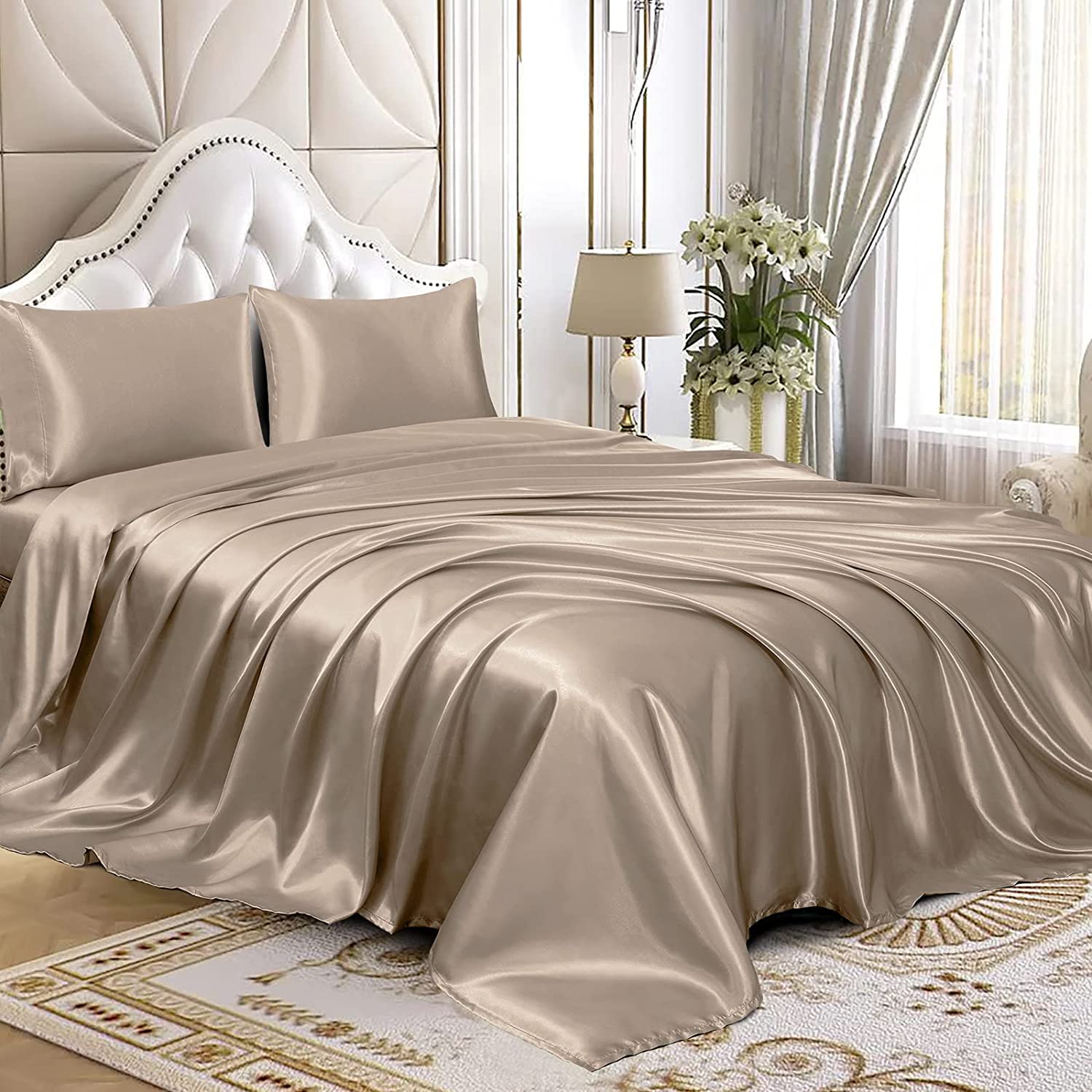 Homiest 3pcs Satin Sheets Set Luxury Silky Satin Bedding Set with Deep Pocket, 1 Fitted Sheet + 1 Flat Sheet + 1 Pillowcase (Twin XL Size, Taupe)