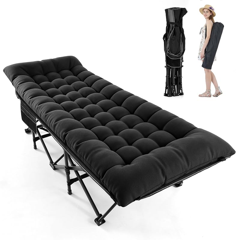 Camping Cot for Adults, Black, 28" Extra Wide | 1200D Oxford, Folding cot with Mattress, Portable bed with Carry Bag, Max Load 450lbs, Camp, Office, Beach, Guest Bed