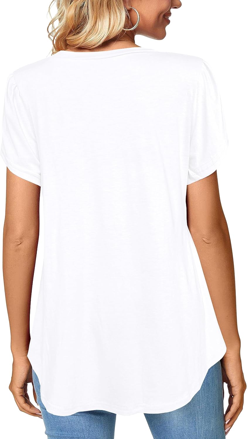 Afibi Womens Summer Crew Neck Loose Dressy Shirts Petal Short Sleeve Tunic Tops