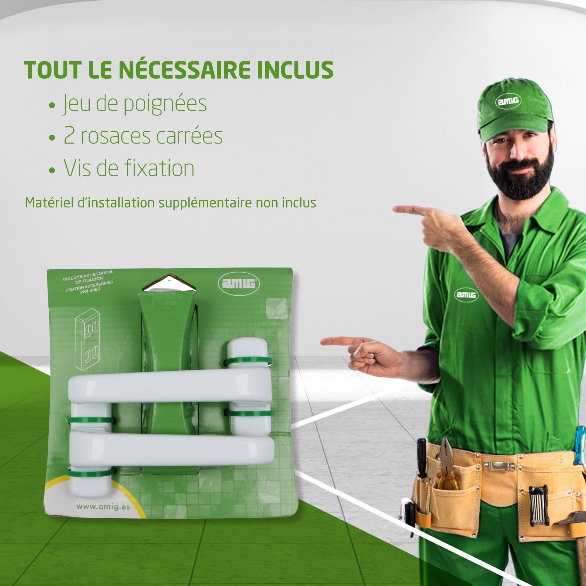 Amig - Jeu de Poignées de Porte avec Rosace - Modèle Epsilon - 132 x 70 mm - Carré de 8 mm - Blanc - Aluminium - Design Élégant et Simple