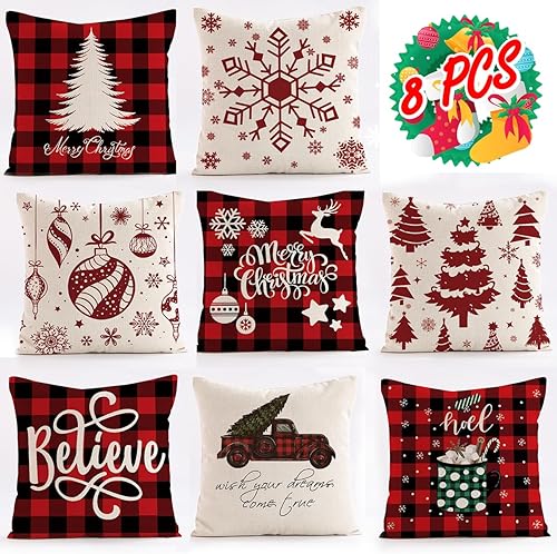 8 fundas de almohada navideñas de 18 x 18 pulgadas, fundas de almohada modernas de Navidad de granja, fundas de cojín decorativas de Navidad para el