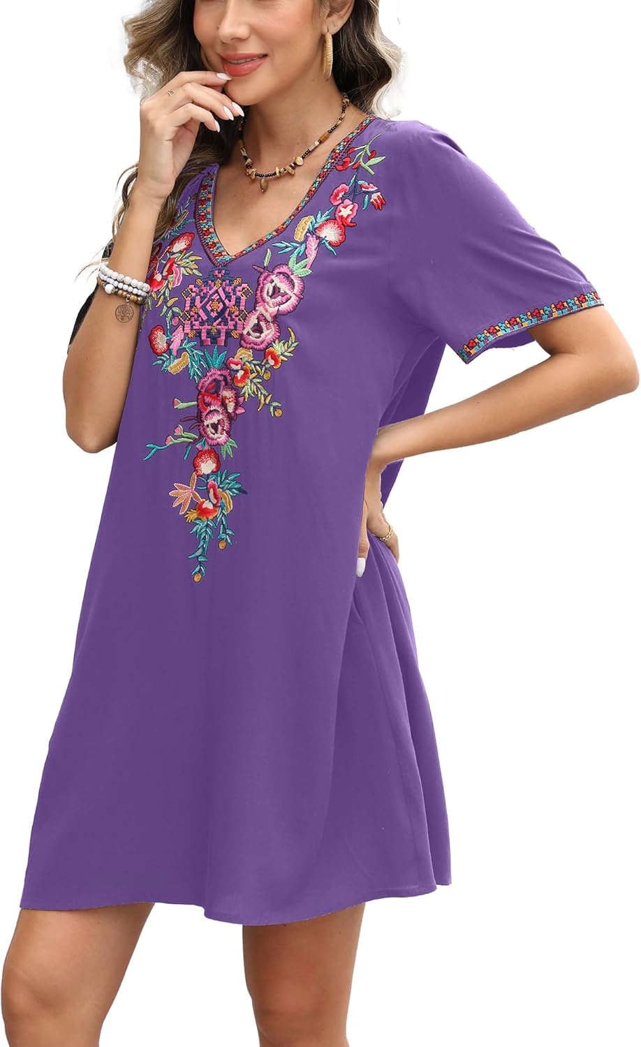 Grosy Fiesta Embroidered Mexican Dress for Women Beach Vacation Plus Size Short Sleeve Summer Boho Dresses with Pocket - Image 4