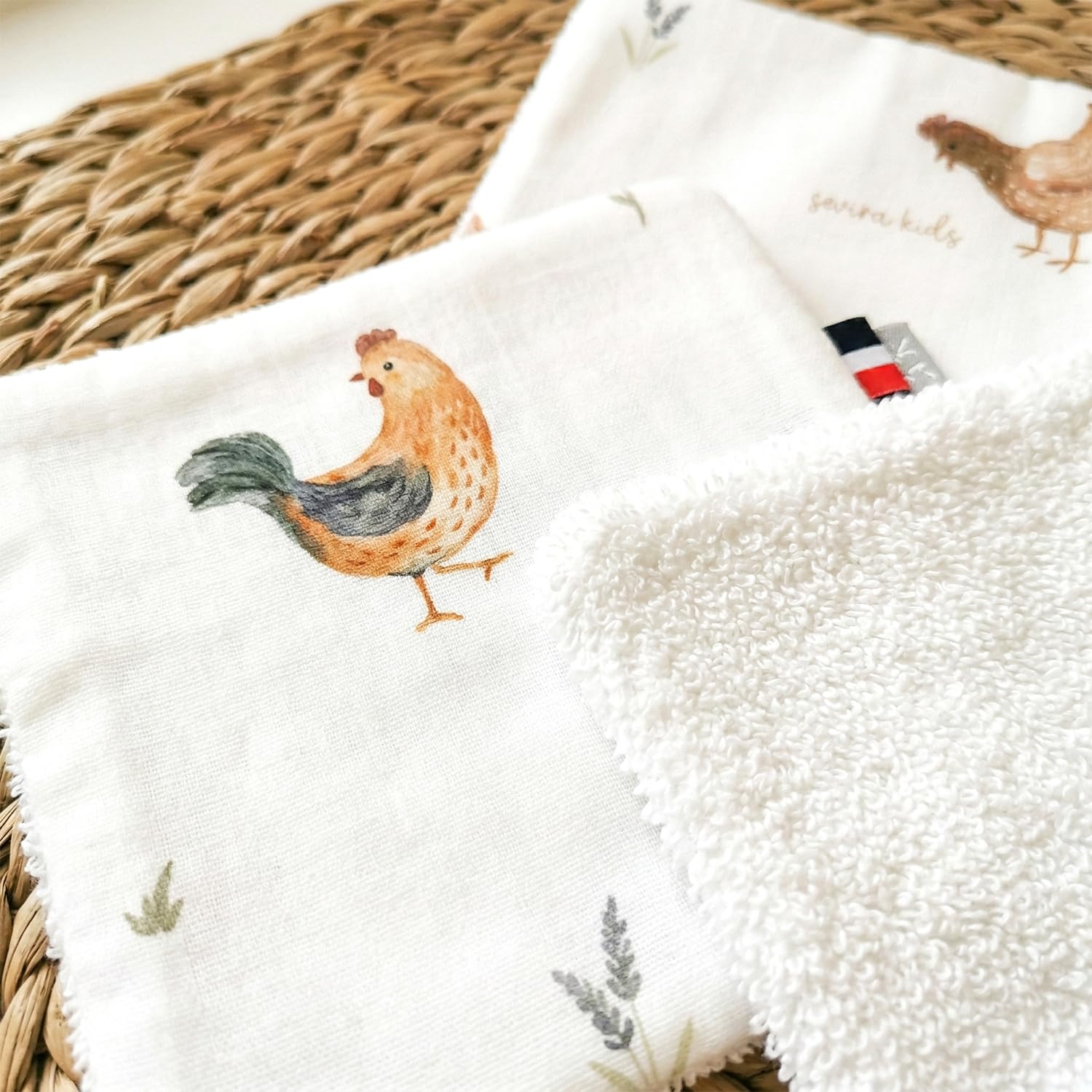 SEVIRA KIDS - Lingettes bébé lavables 8 pièces, GALLINA - 10x10 cm Made in France