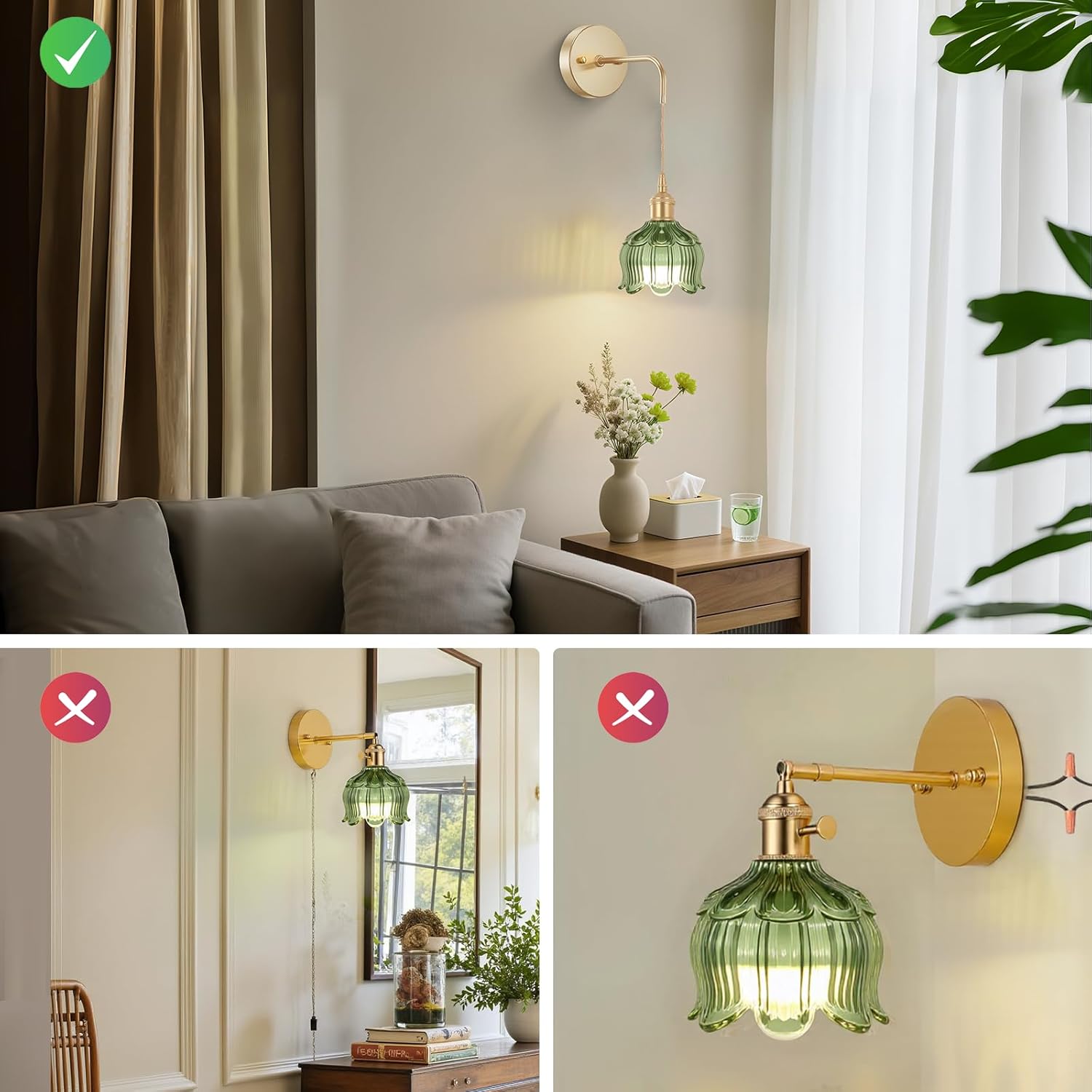 Battery Operated Wall Sconces CCT Dimmable Wireless Sconces Set of 2, Vintage Light Fixture with Green Flower Glass Lampshade Wall Decor Set of 2 for Living Room Bedroom Bedside Bathroom