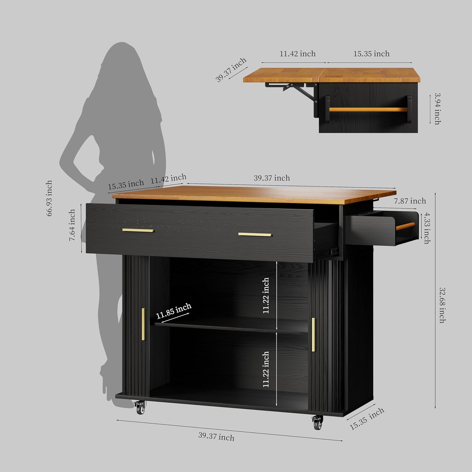 DHH Rolling Kitchen Island with Drop Leaf Countertop&Ample Storage - 39.4" Small Mobile Kitchen Cart On Wheels with Sliding Door,Drawers,Spice Rack & 2-Tier Storage (Black)