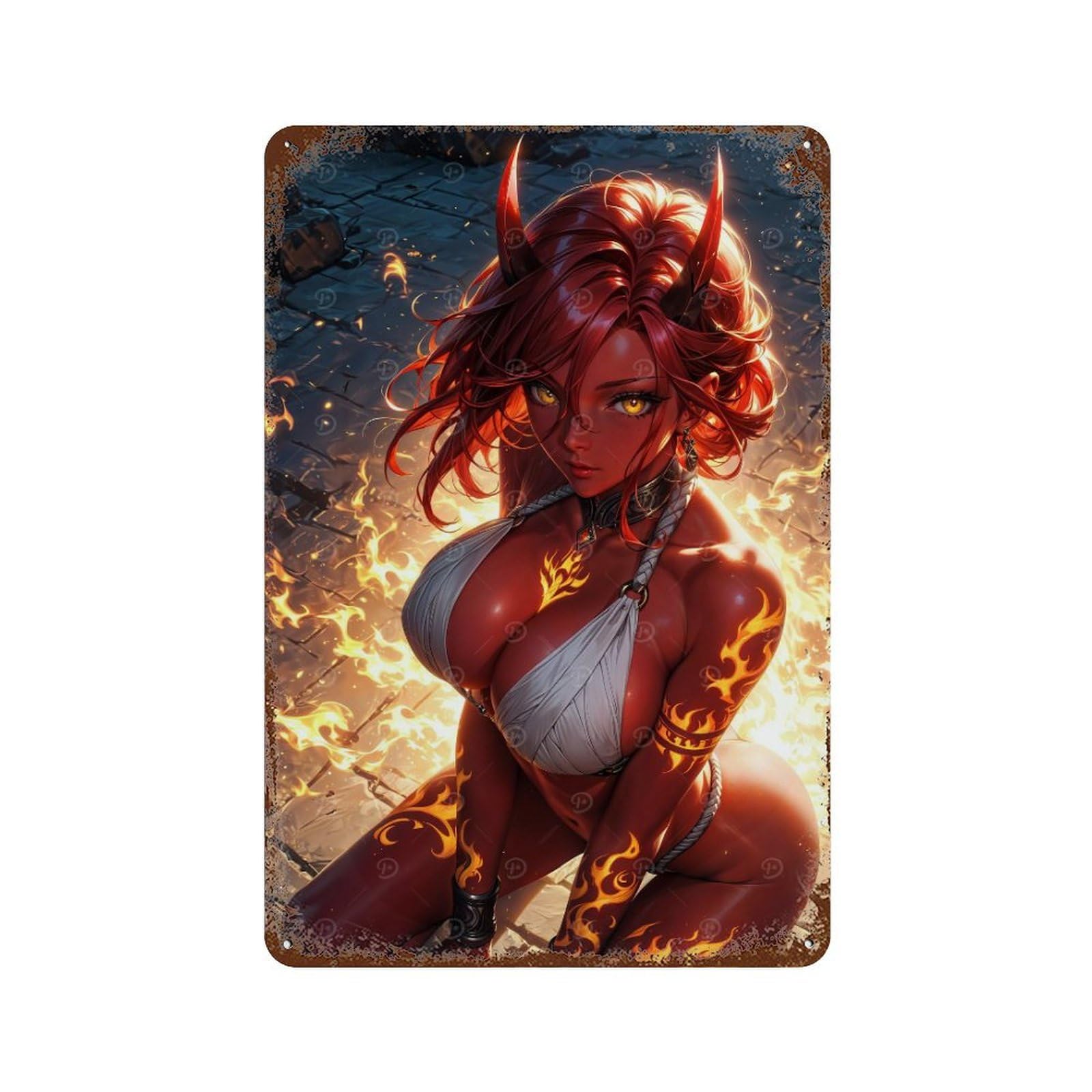 Hot Fiery Demoness Rust Effect Tin Sign 11.8"x7.9", Industrial Home Decor for Cafe, Home Bar And Lounge Decor