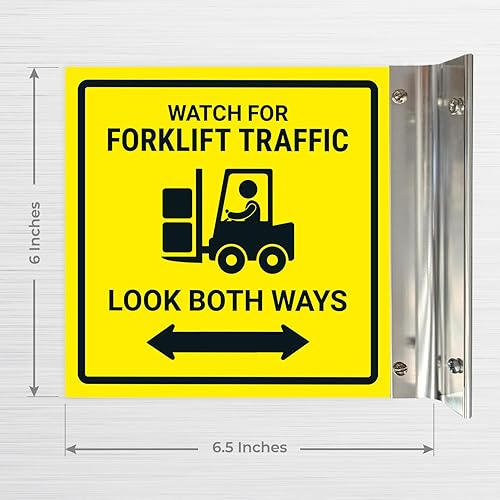 Miniatura 6 de Watch For Forklift Traffic Look Both Ways Projecting Sign, doble cara, 6x6 pulgadas, ACM, con accesorio de níquel cepillado, fabricado en EE. UU