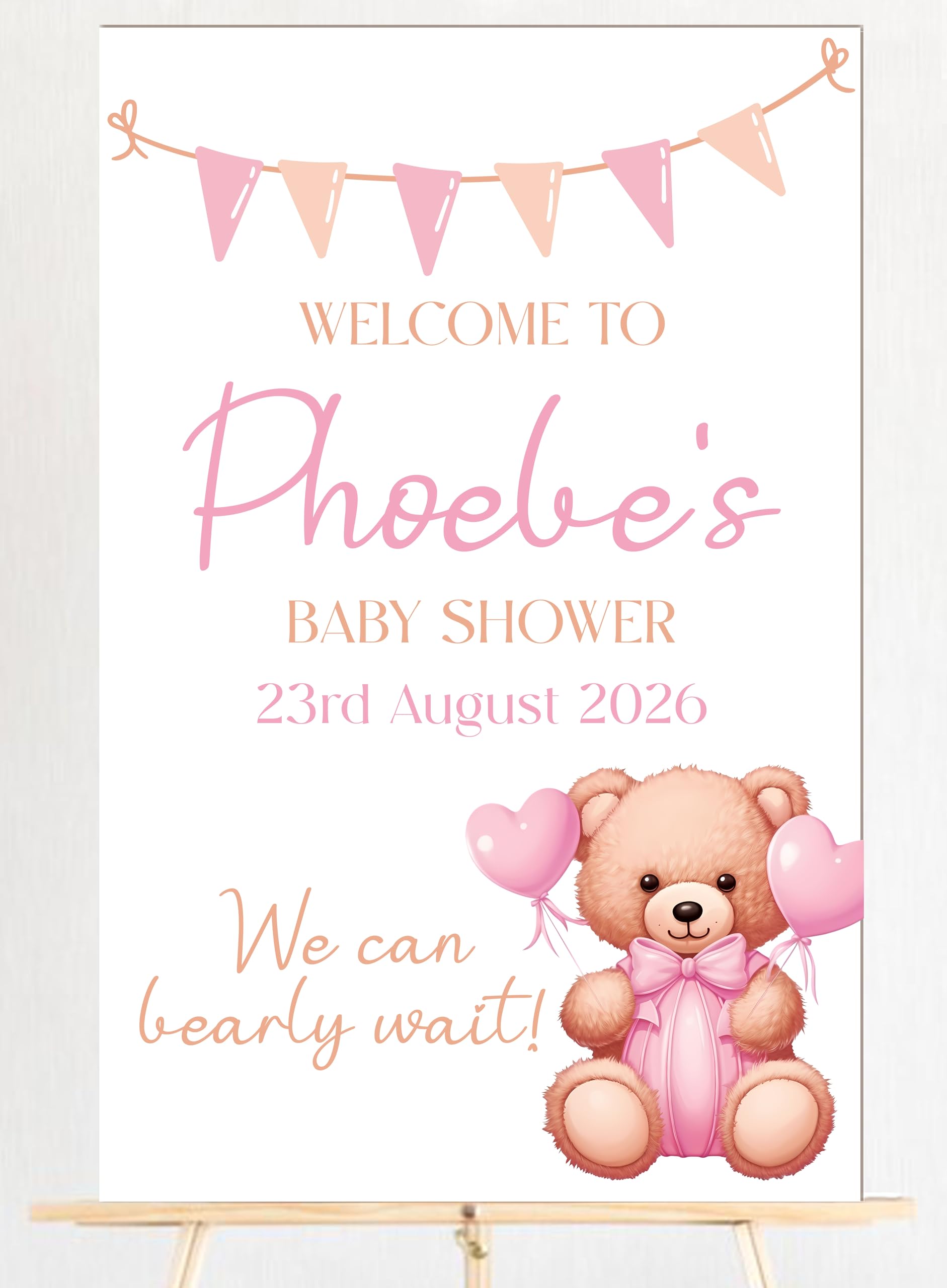 Personalised Baby Shower Welcome Board - Teddy Bear Theme - Customised Easel Plaque - Handmade Nursery Décor in Pink Blue or Brown Cute Teddies (Pink)