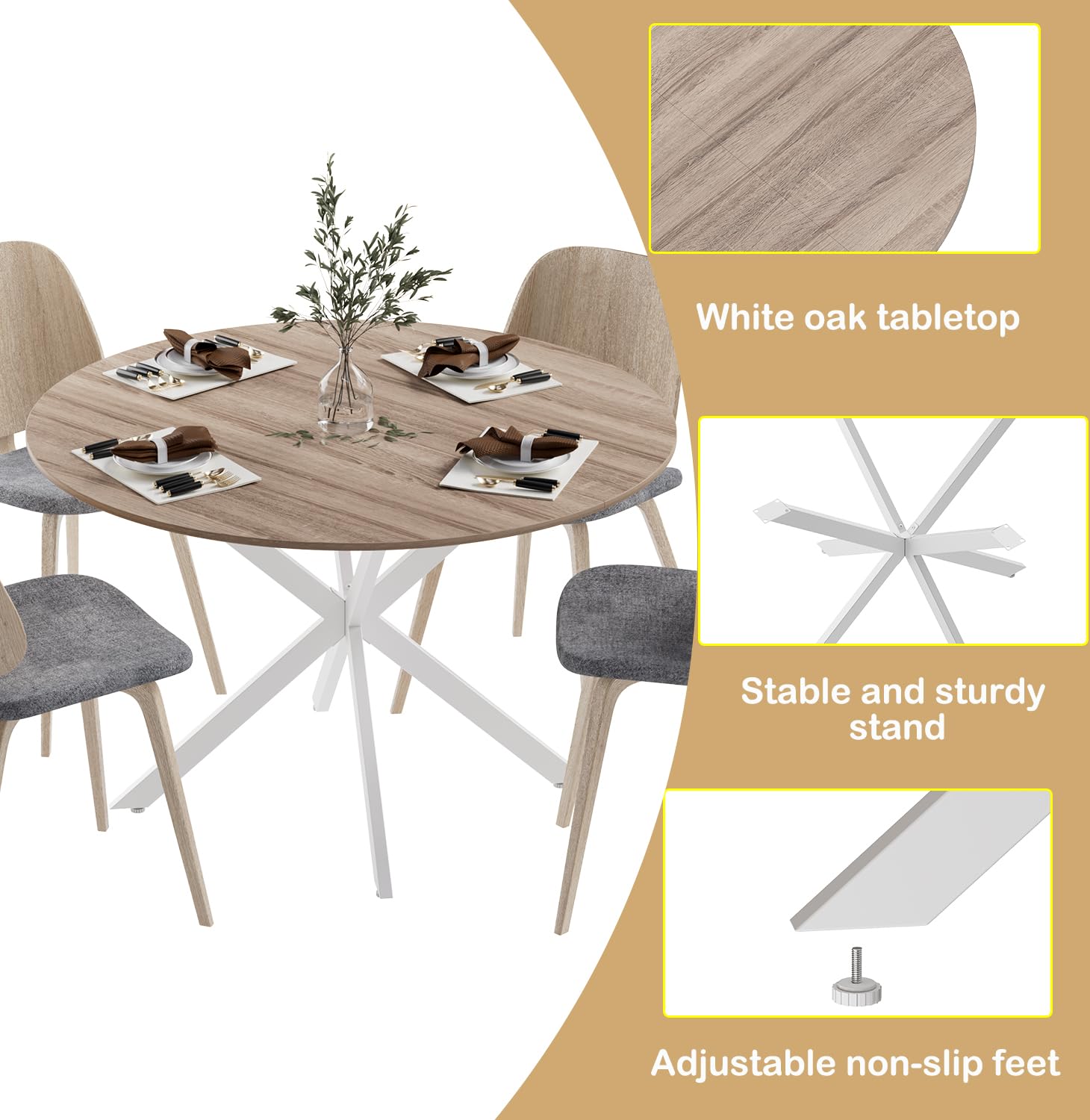 MSFE Table de Salle à Manger Ronde 120 cm, Table de Cuisine Rétro pour Salle à Manger avec Pieds en Métal Noir et Finition Noyer Naturel Délavé,Capacité 4-6 Personnes, Pieds de Table Blancs