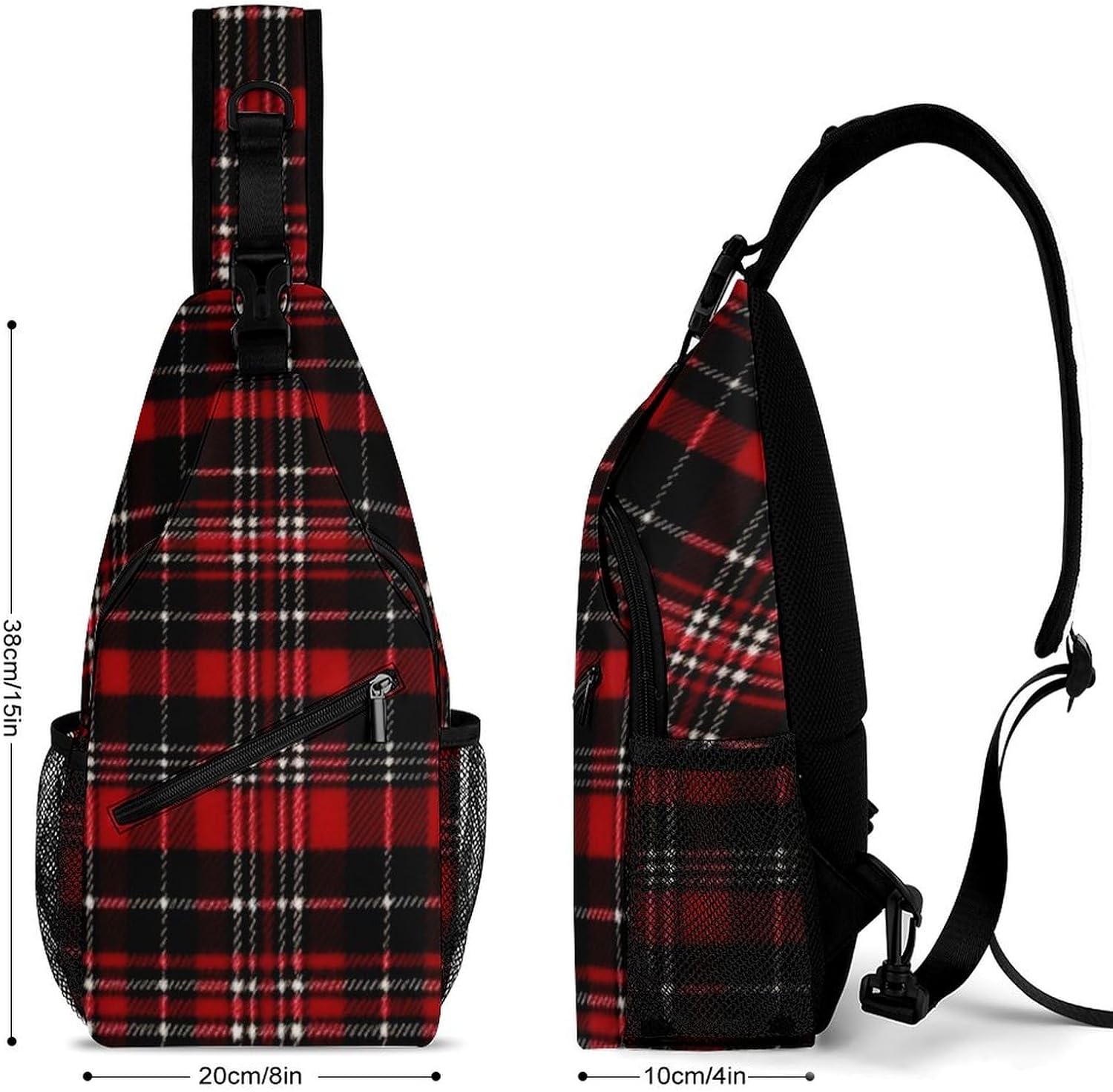 Red And Black Plaid Sling Bag Lightweight Crossbody Chest Pack Travel Shoulder Bag with Adjustable Strap