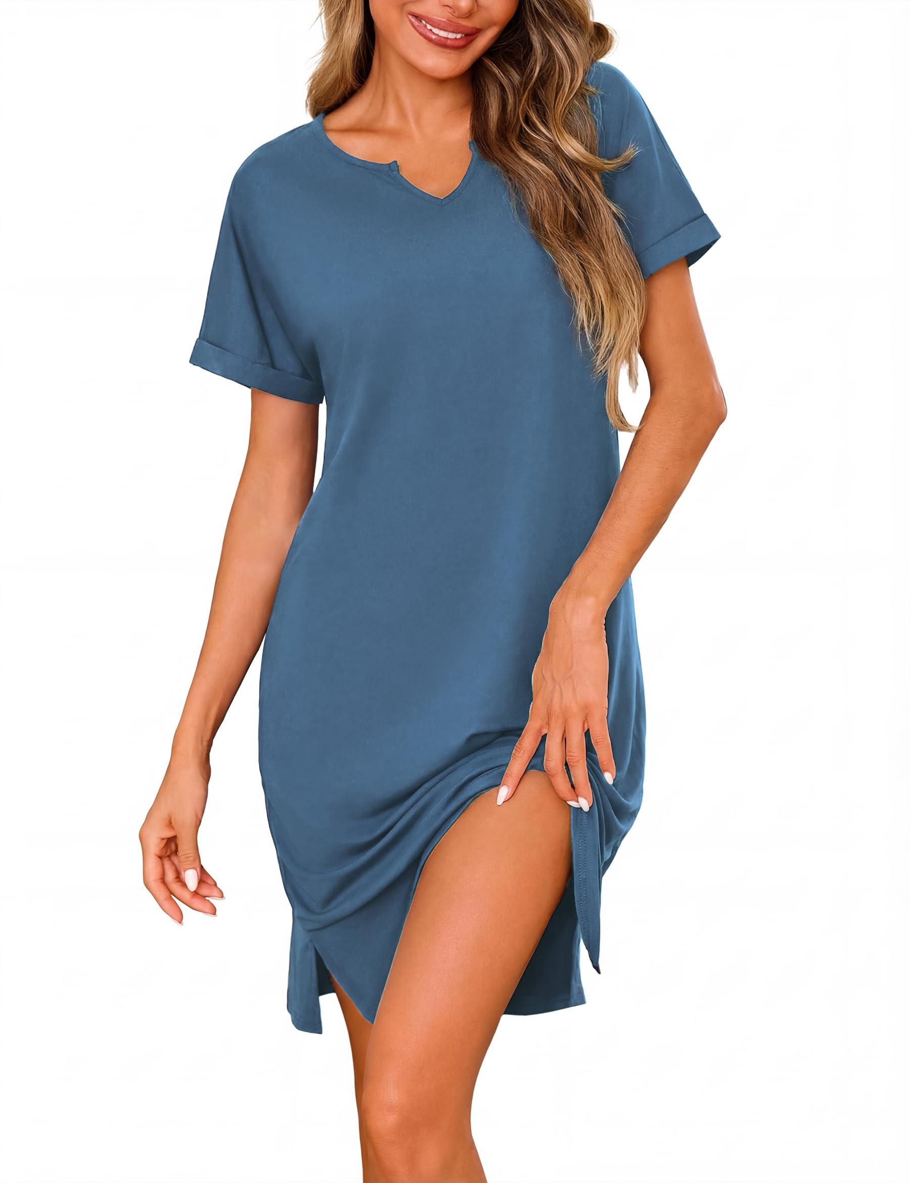 Jahetuul Nachthemd Damen V-Ausschnitt Baumwolle Schlafshirt Kurzarm Sommer Schlafkleid locker Nachtwäsche Weiches Nachthemden für Damen Negligee